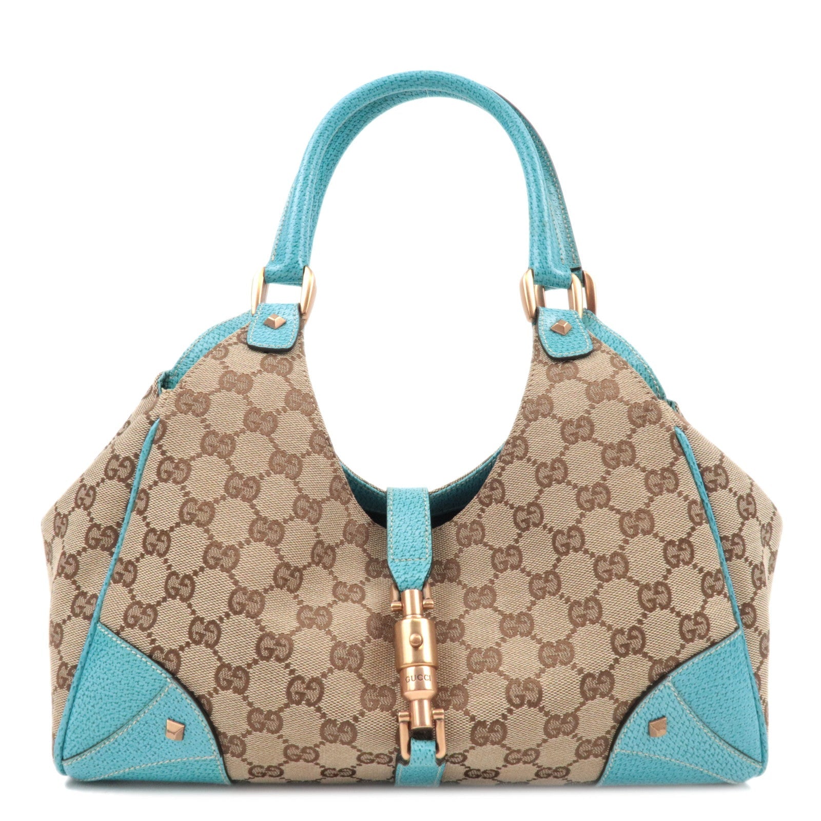 GUCCI New Jackie GG Canvas Leather Shoulder Bag Beige Turquoise 12440785660