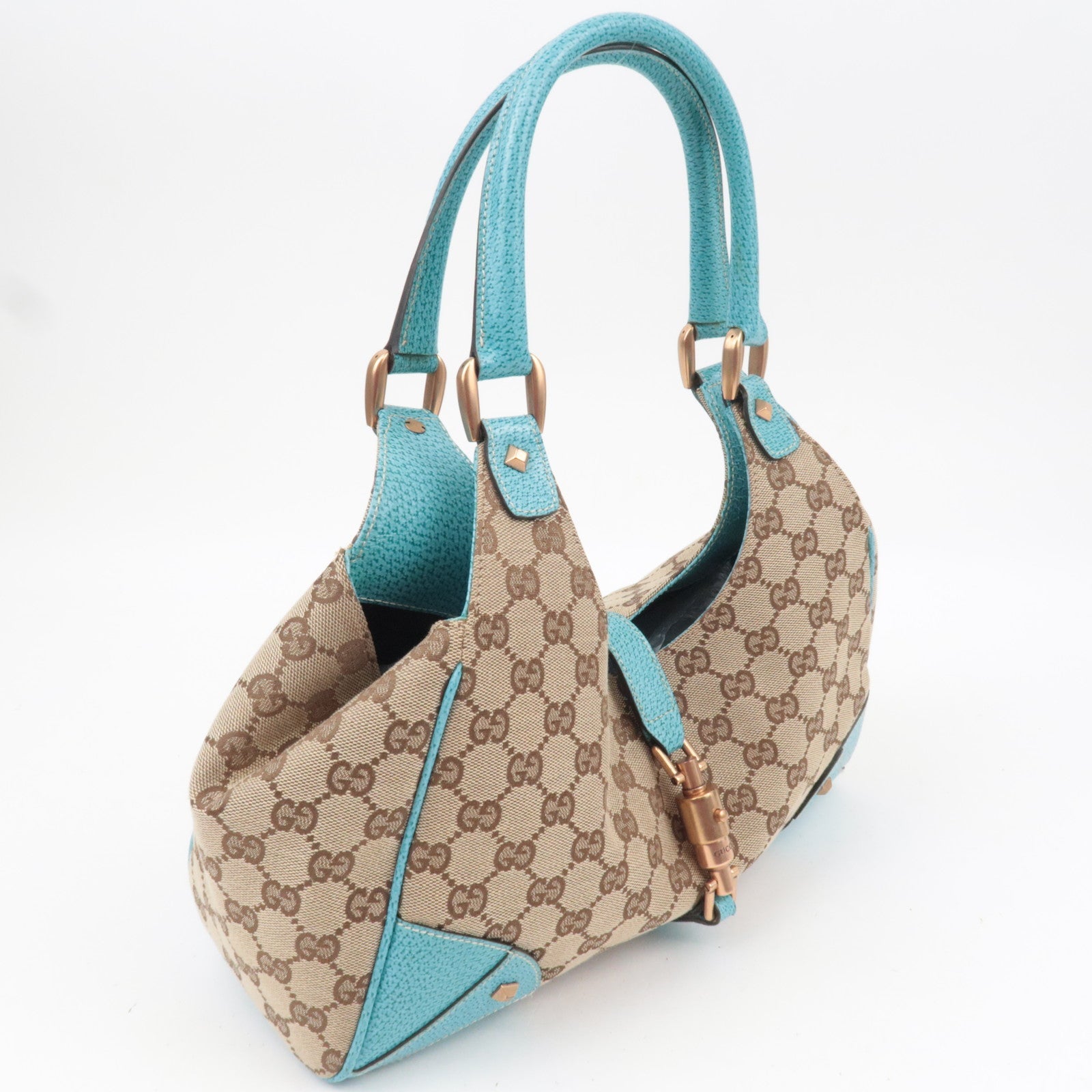 GUCCI New Jackie GG Canvas Leather Shoulder Bag Beige Turquoise 124407