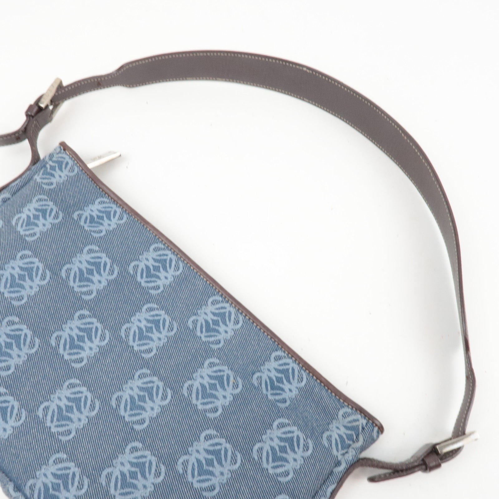 LOEWE Anagram Denim Leather Shoulder Bag Blue Brown