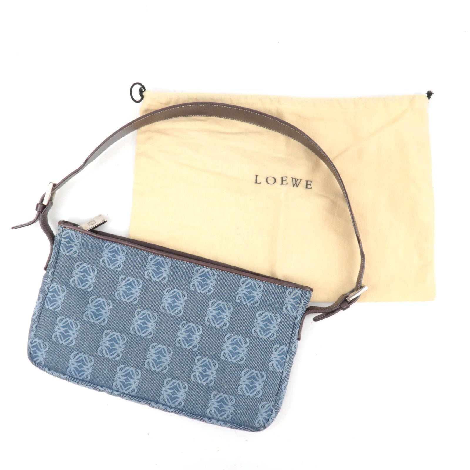 LOEWE Anagram Denim Leather Shoulder Bag Blue Brown
