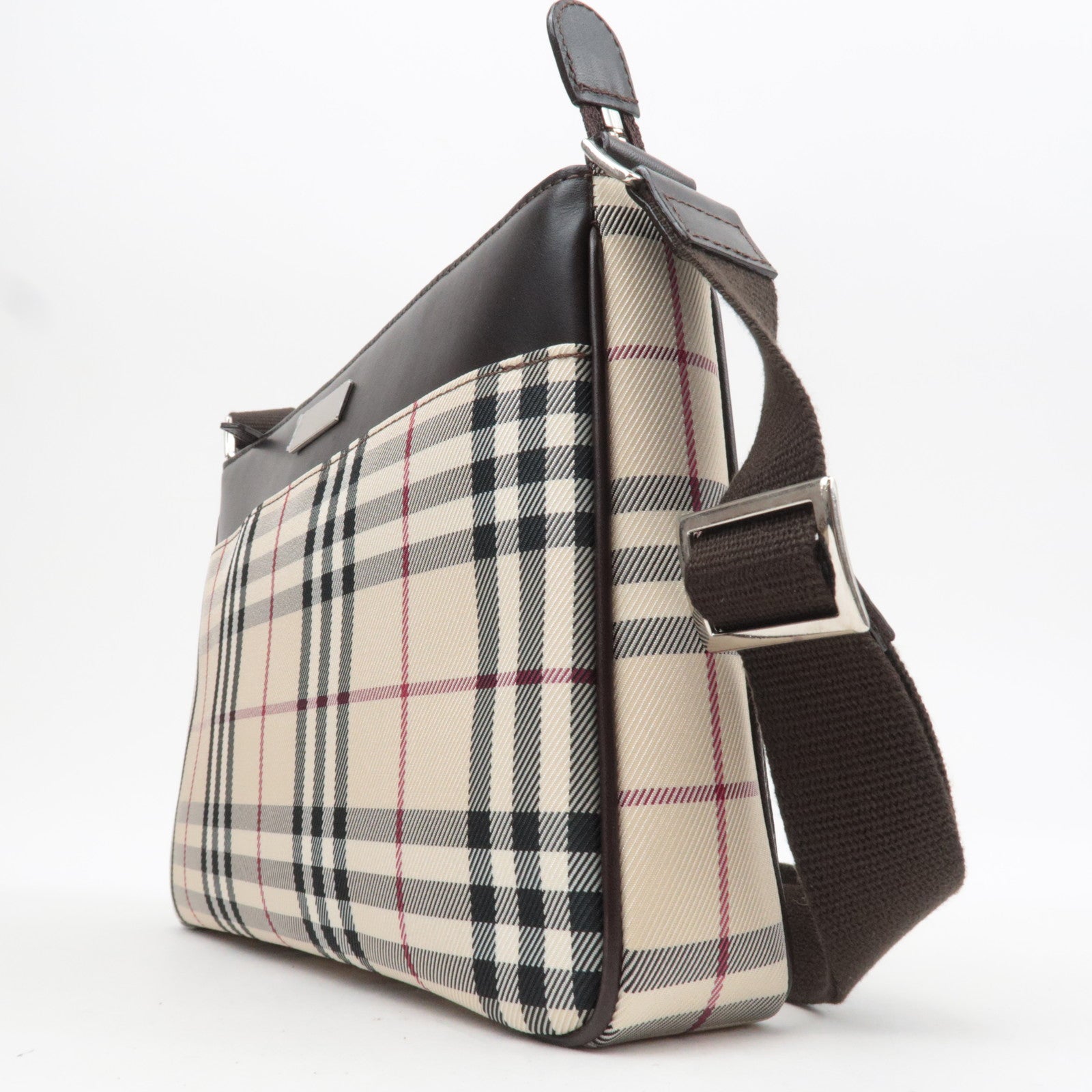 BURBERRY Nova Plaid Canvas Leather Shoulder Bag Beige Brown