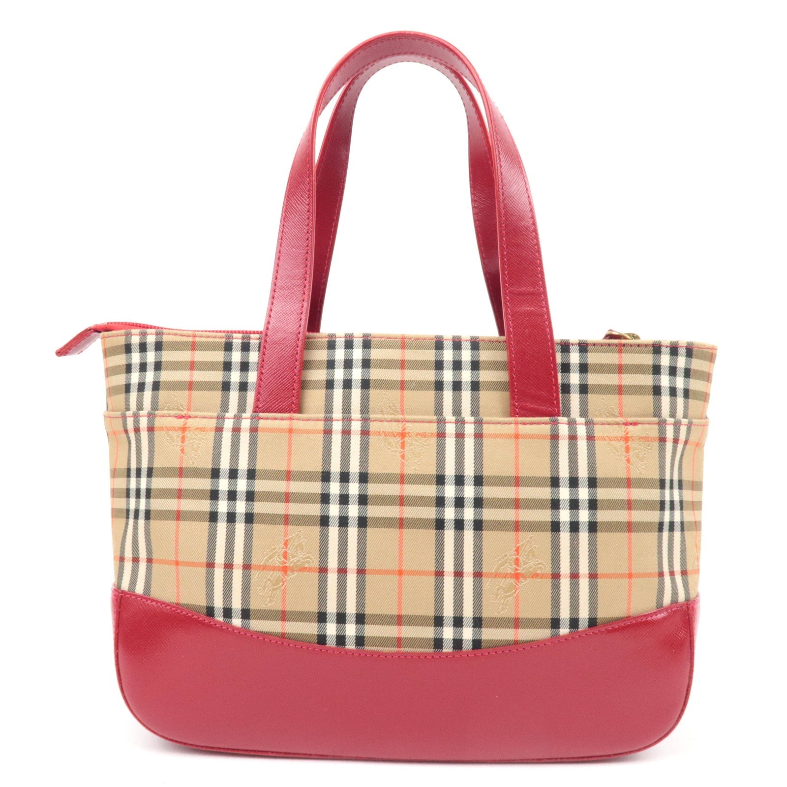 BURBERRY Nova Plaid Canvas Leather Handbag Beige Red