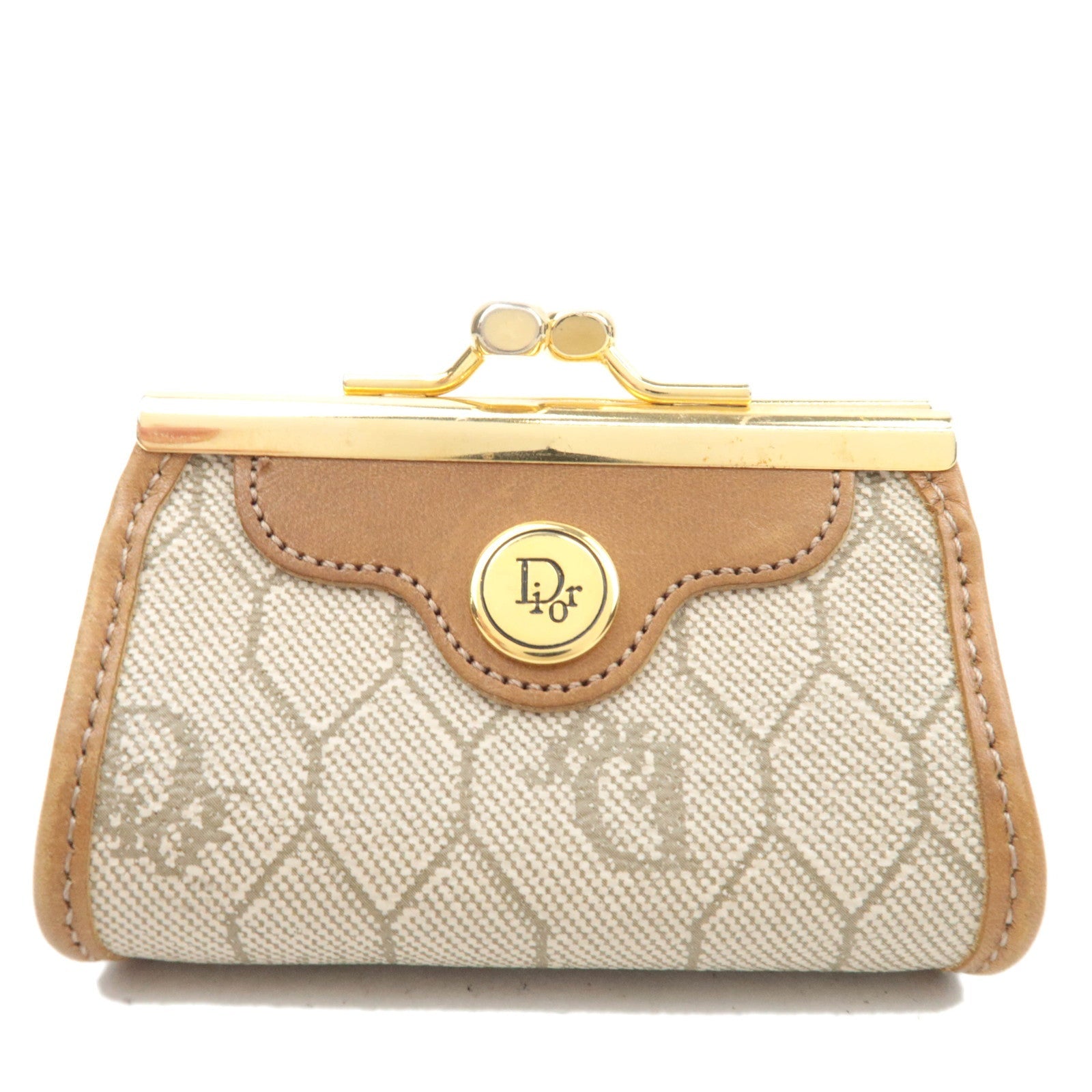 Christian Dior Honeycomb Kiss Lock PVC Leather Coin Purse Beige Brown85708