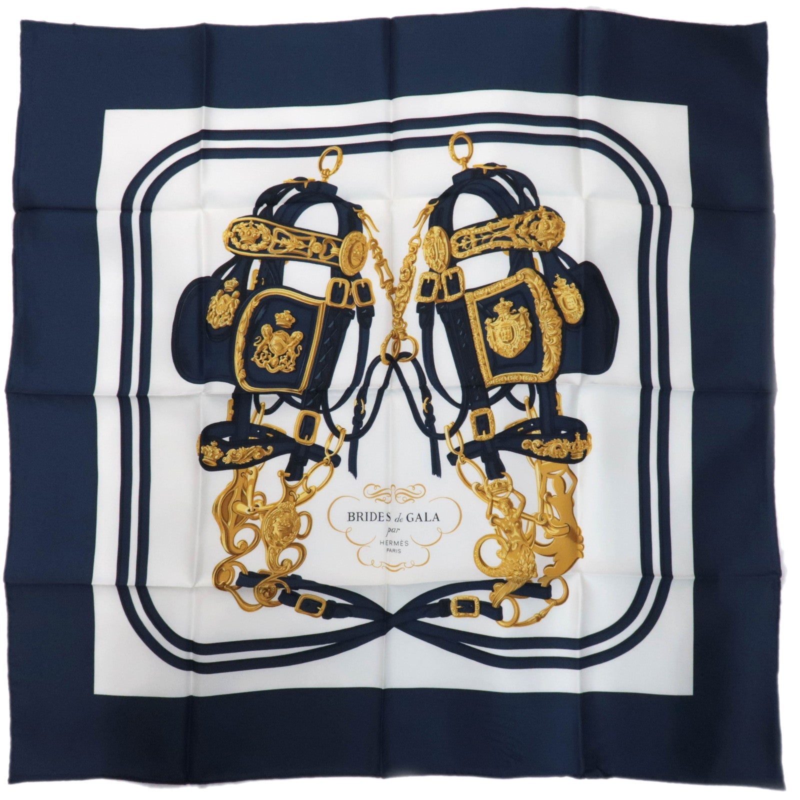 HERMES Carre 90 100% Silk Scarf BRIDES de GALA White Navy85714