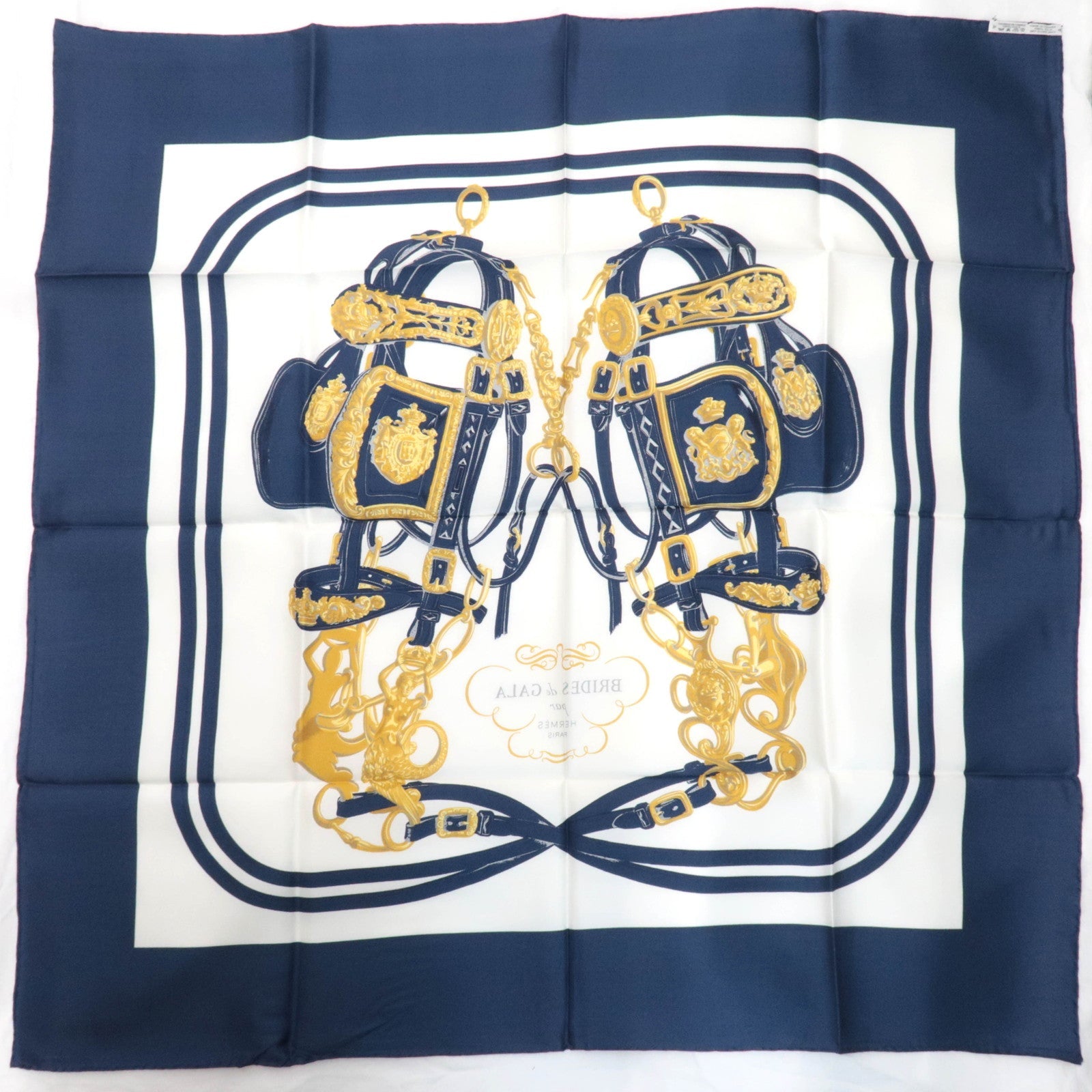 HERMES Carre 90 100% Silk Scarf BRIDES de GALA White Navy