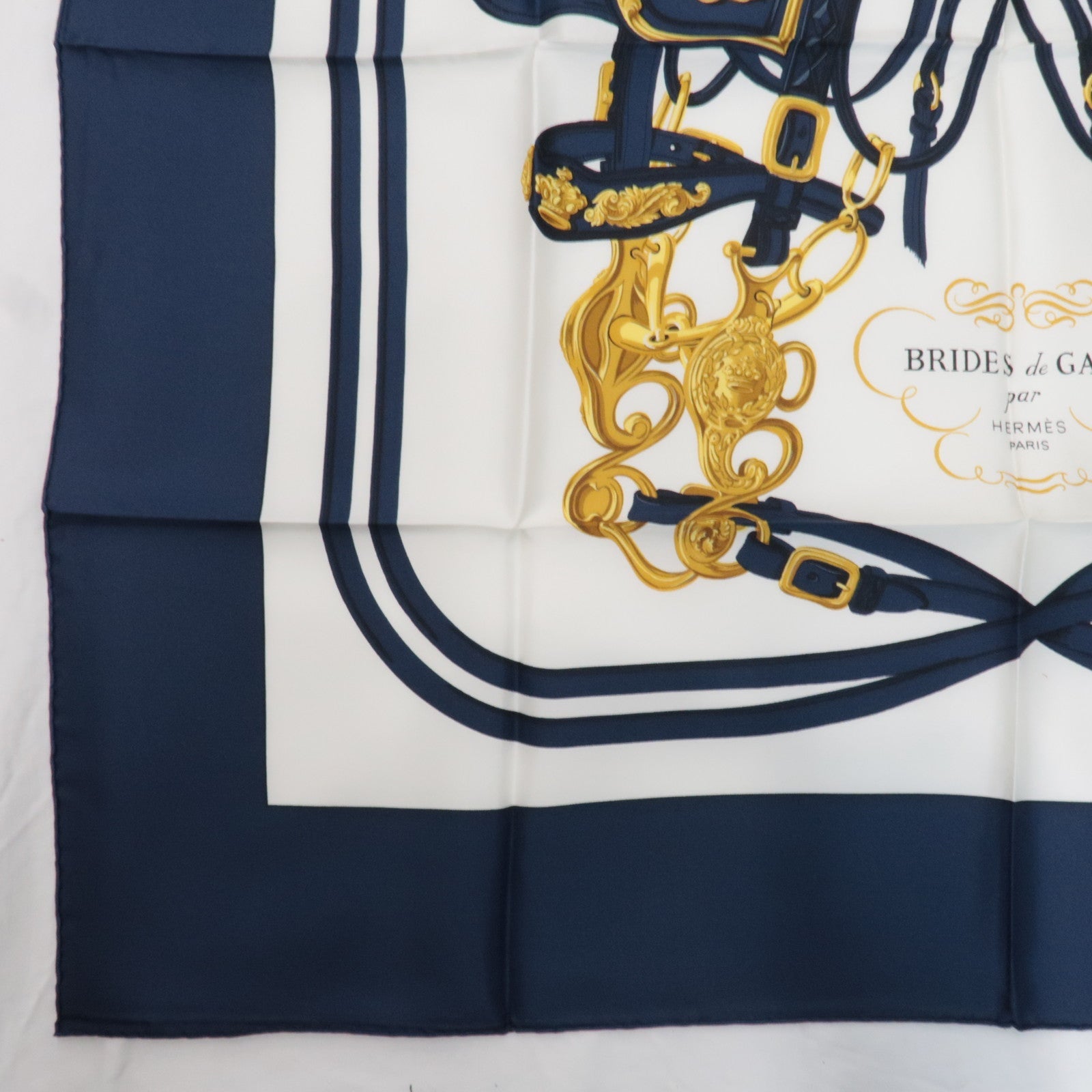 HERMES Carre 90 100% Silk Scarf BRIDES de GALA White Navy