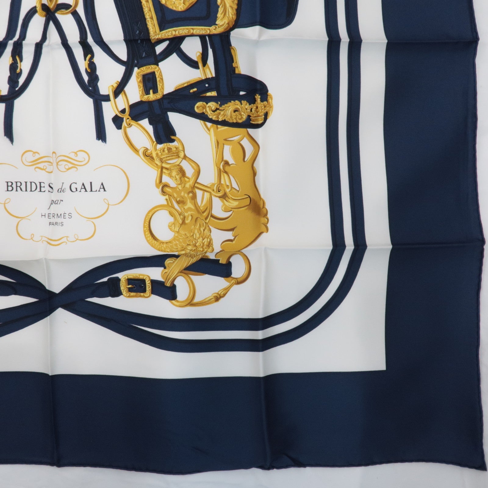 HERMES Carre 90 100% Silk Scarf BRIDES de GALA White Navy