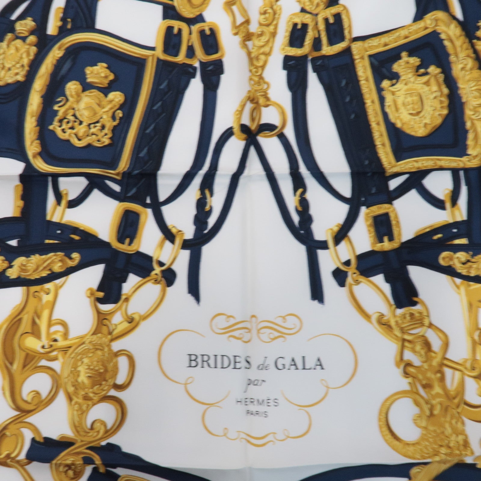HERMES Carre 90 100% Silk Scarf BRIDES de GALA White Navy