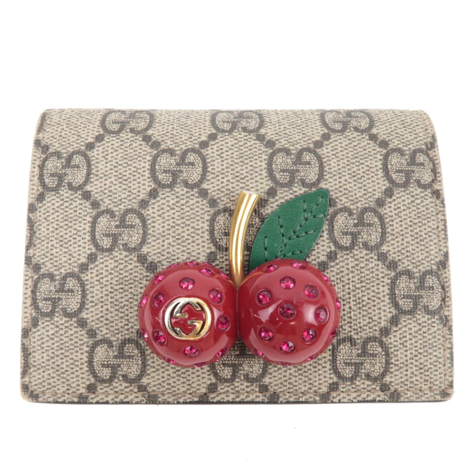 GUCCI GG Supreme Cherry Bi-Fold Wallet Beige Red 47605085856