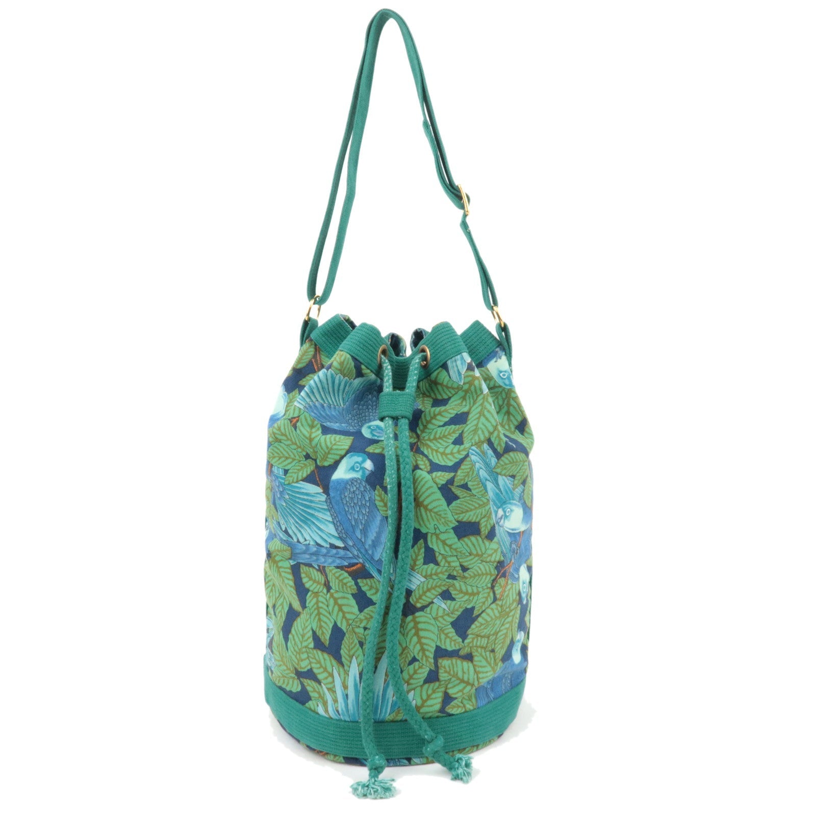 HERMES Canvas Bucket 100% Cotton Shoulder Bag Botanical Bird Print Green Blue85898