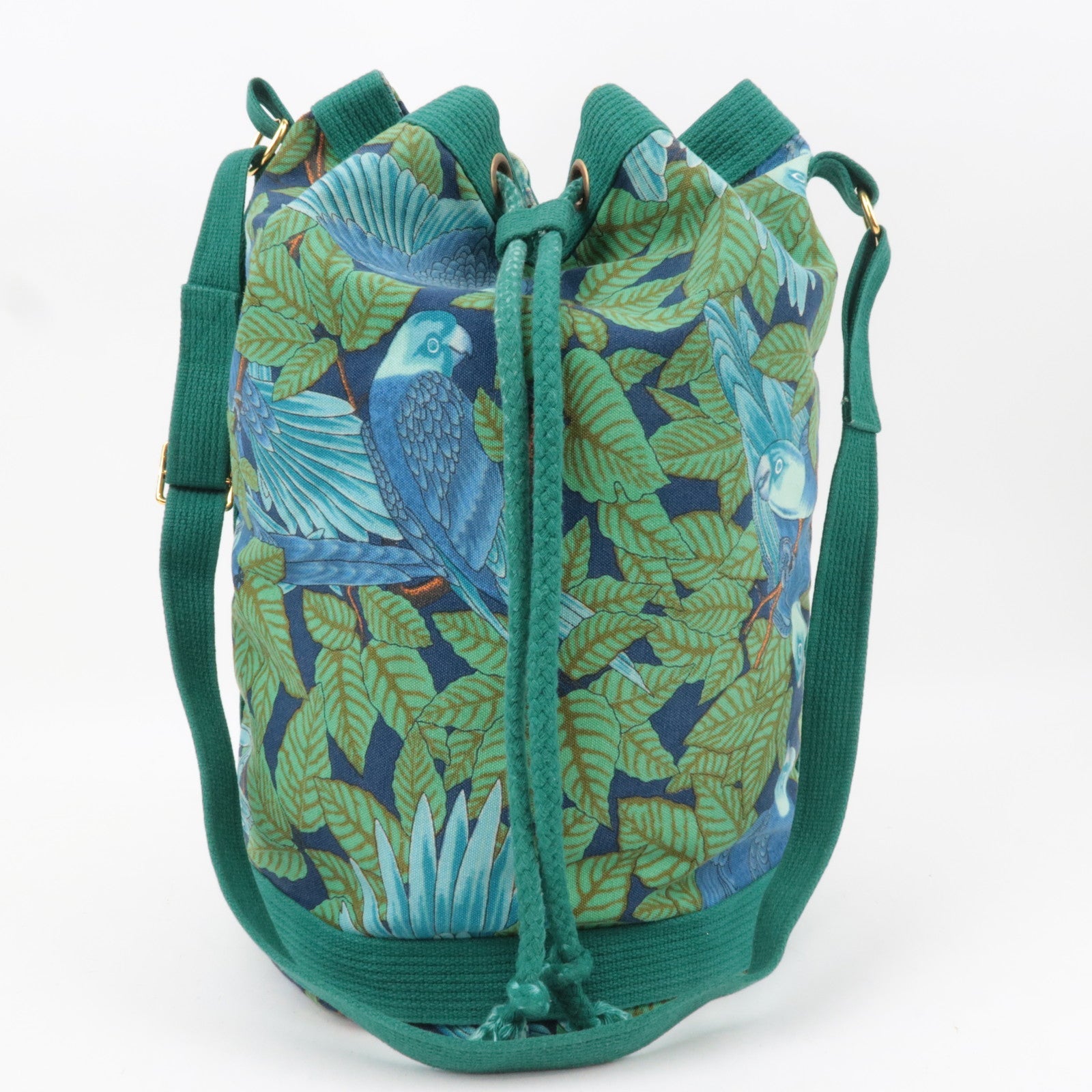 HERMES Canvas Bucket 100% Cotton Shoulder Bag Botanical Bird Print Green Blue