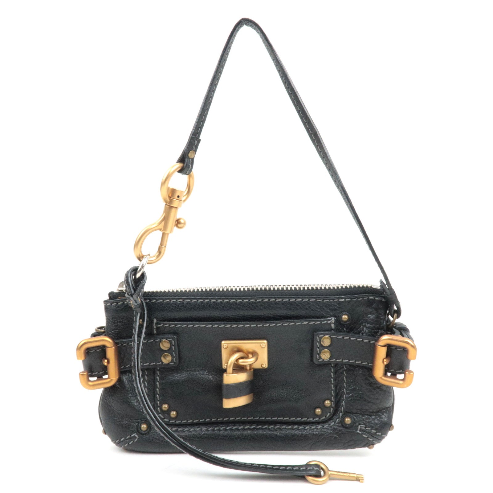 Chloe Paddington Leather Small Bag Accessory Pouch Black Gold HDW86044
