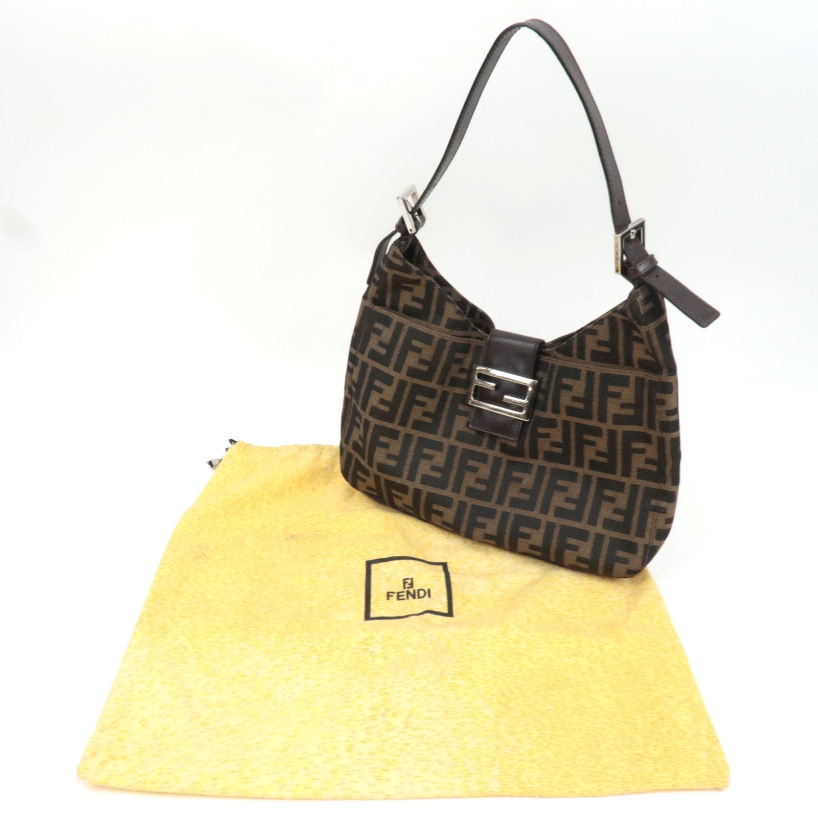 FENDI Zucca Canvas Leather Shoulder Bag Khaki Black Brown 26569