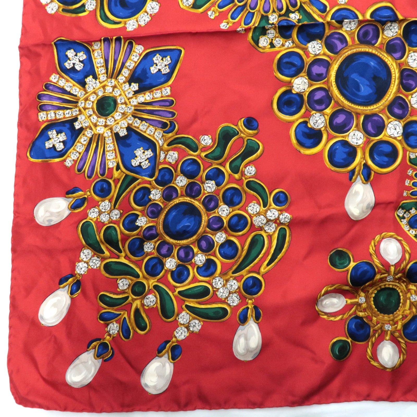 CHANEL 100% Silk Scarf Jewelry Print Red Multicolor