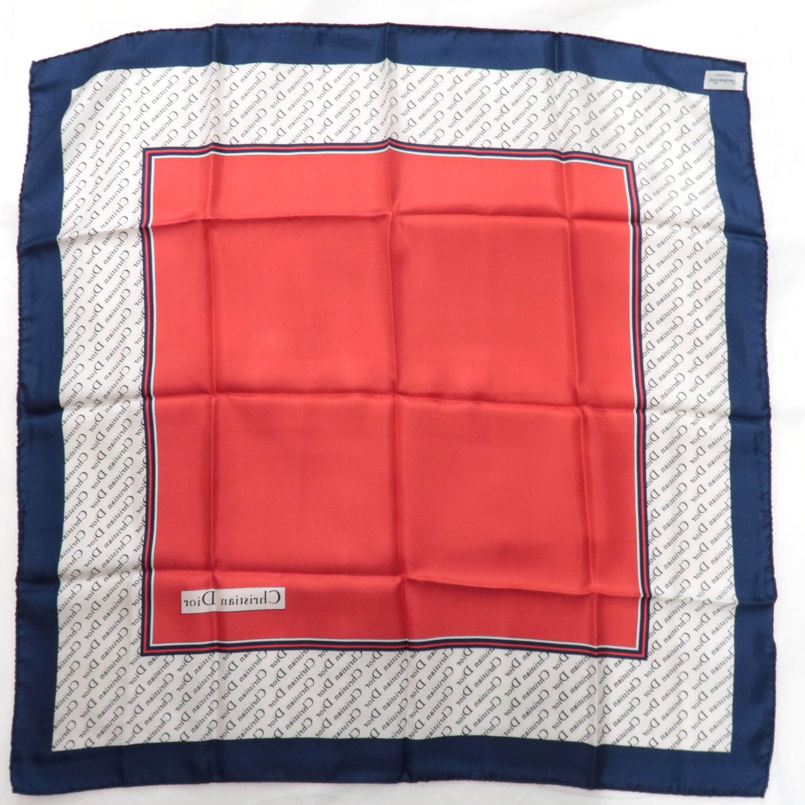 Christian Dior 100% Silk Logo Scarf Red White Navy