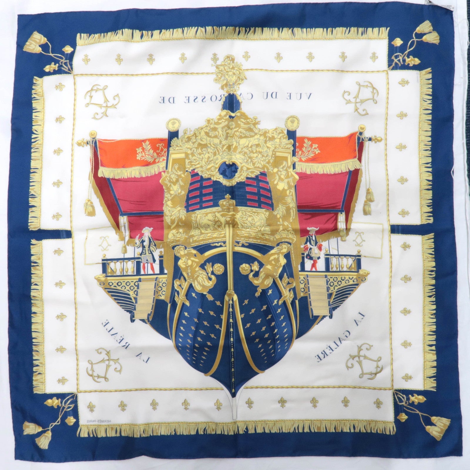 HERMES Carre 90 100% Silk Scarf VUE DU DE CARROSSE LA GALERE LA REALE White Navy