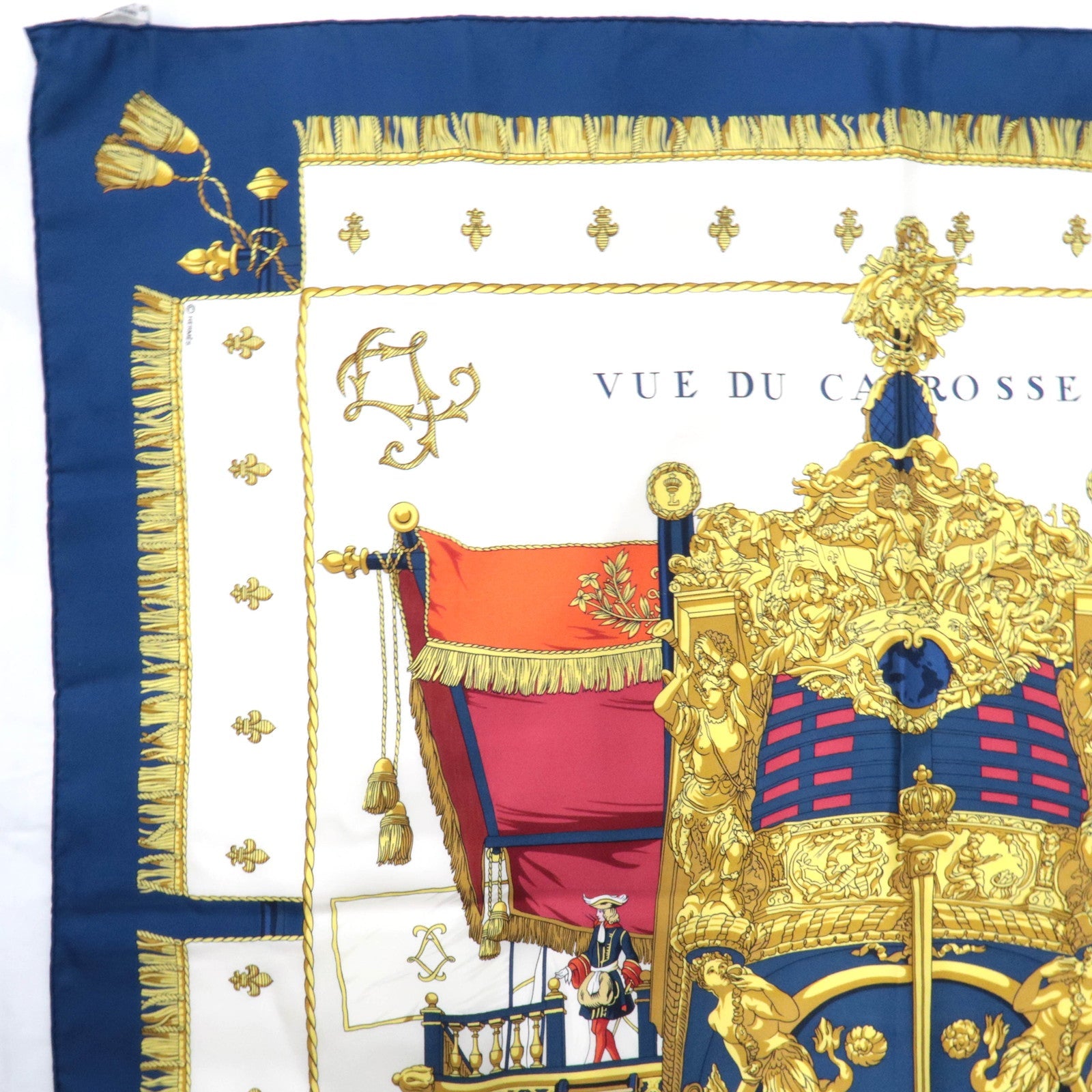 HERMES Carre 90 100% Silk Scarf VUE DU DE CARROSSE LA GALERE LA REALE White Navy