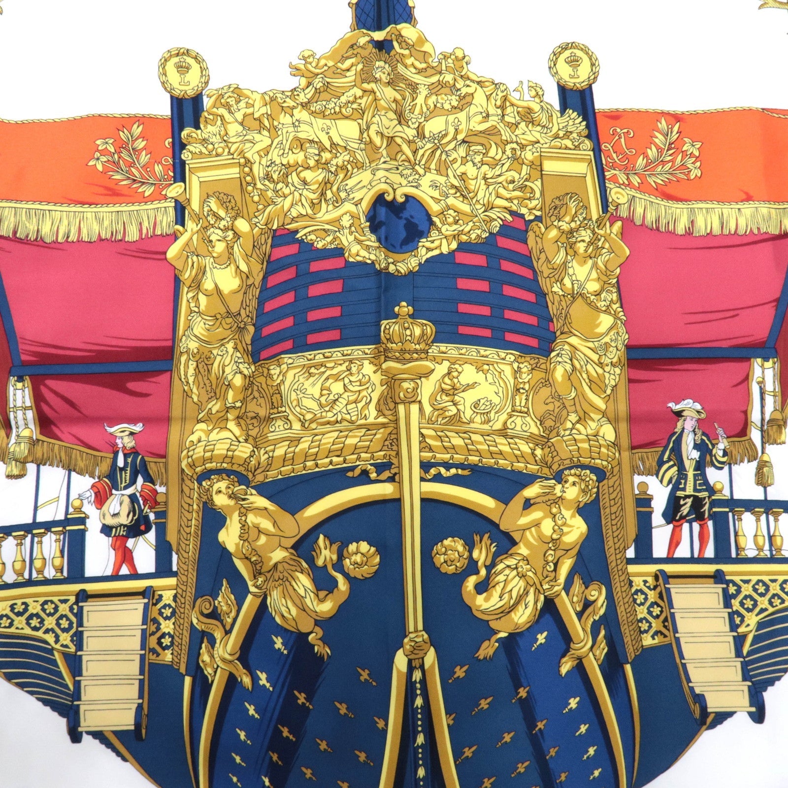 HERMES Carre 90 100% Silk Scarf VUE DU DE CARROSSE LA GALERE LA REALE White Navy