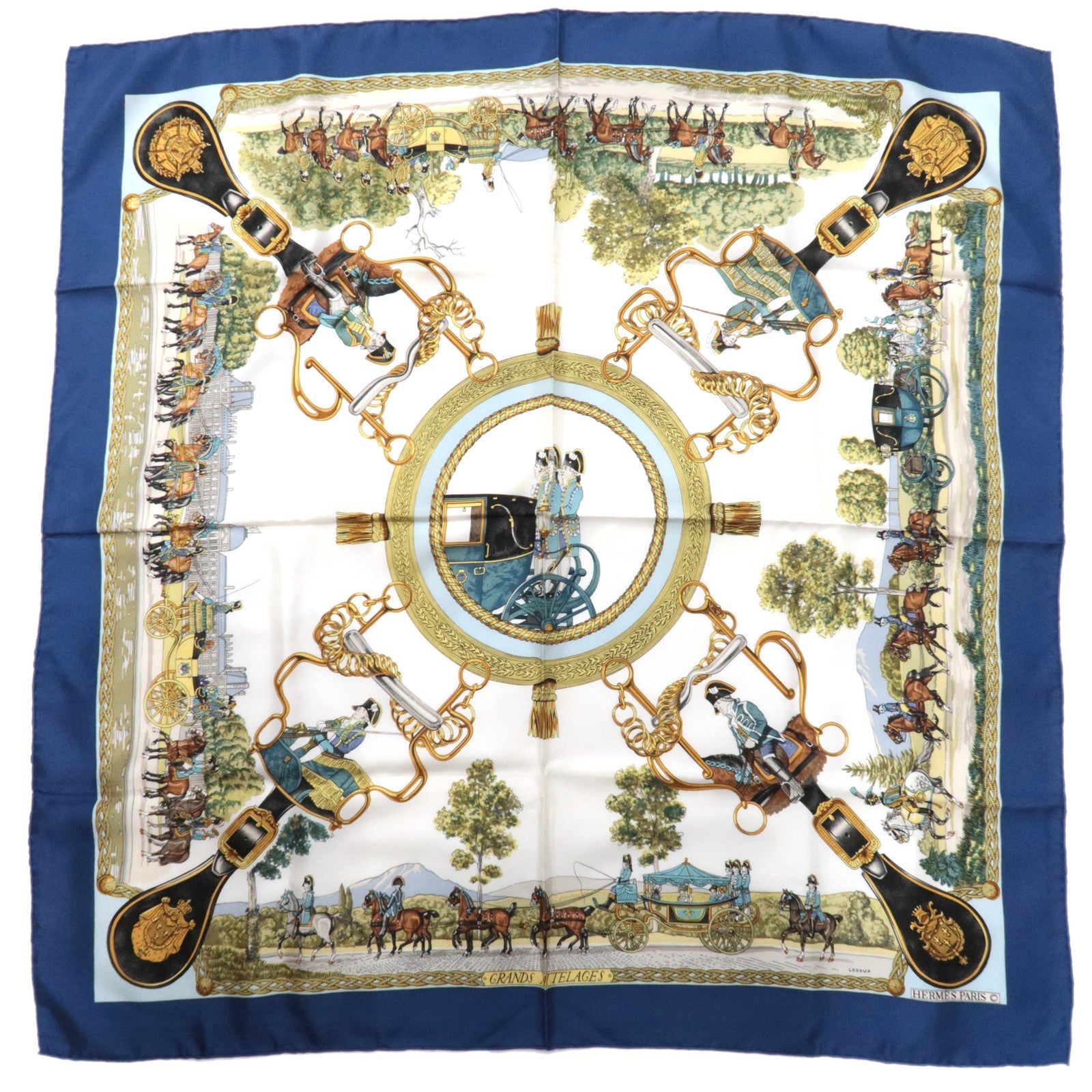 HERMES Carre 90 100% Silk Scarf GRANDS ATTELAGES Navy86059
