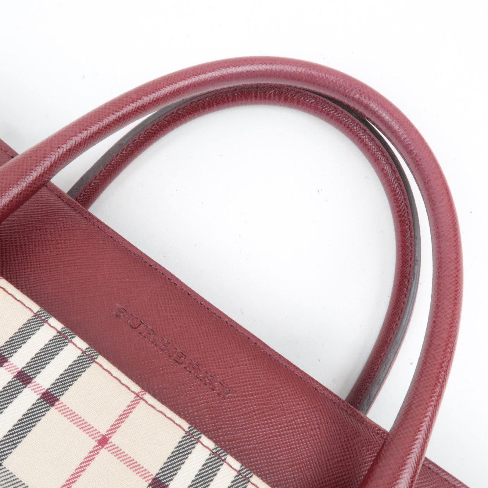 BURBERRY Nova Plaid East West Handbag Beige Bordeaux