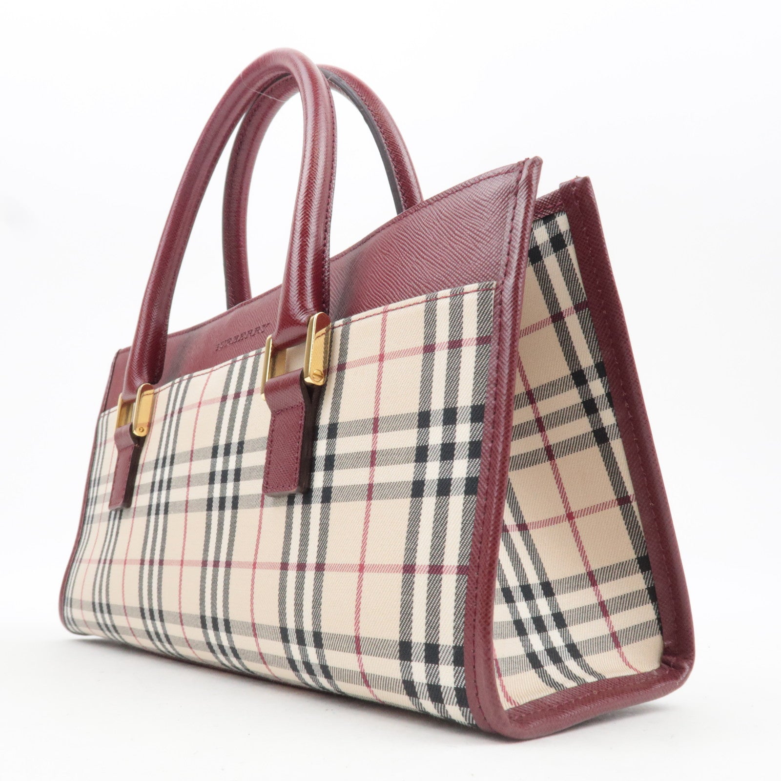 BURBERRY Nova Plaid East West Handbag Beige Bordeaux