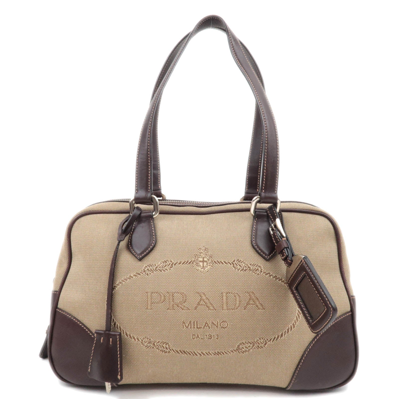 PRADA Logo Jacquard Leather Shoulder Bag Beige86338