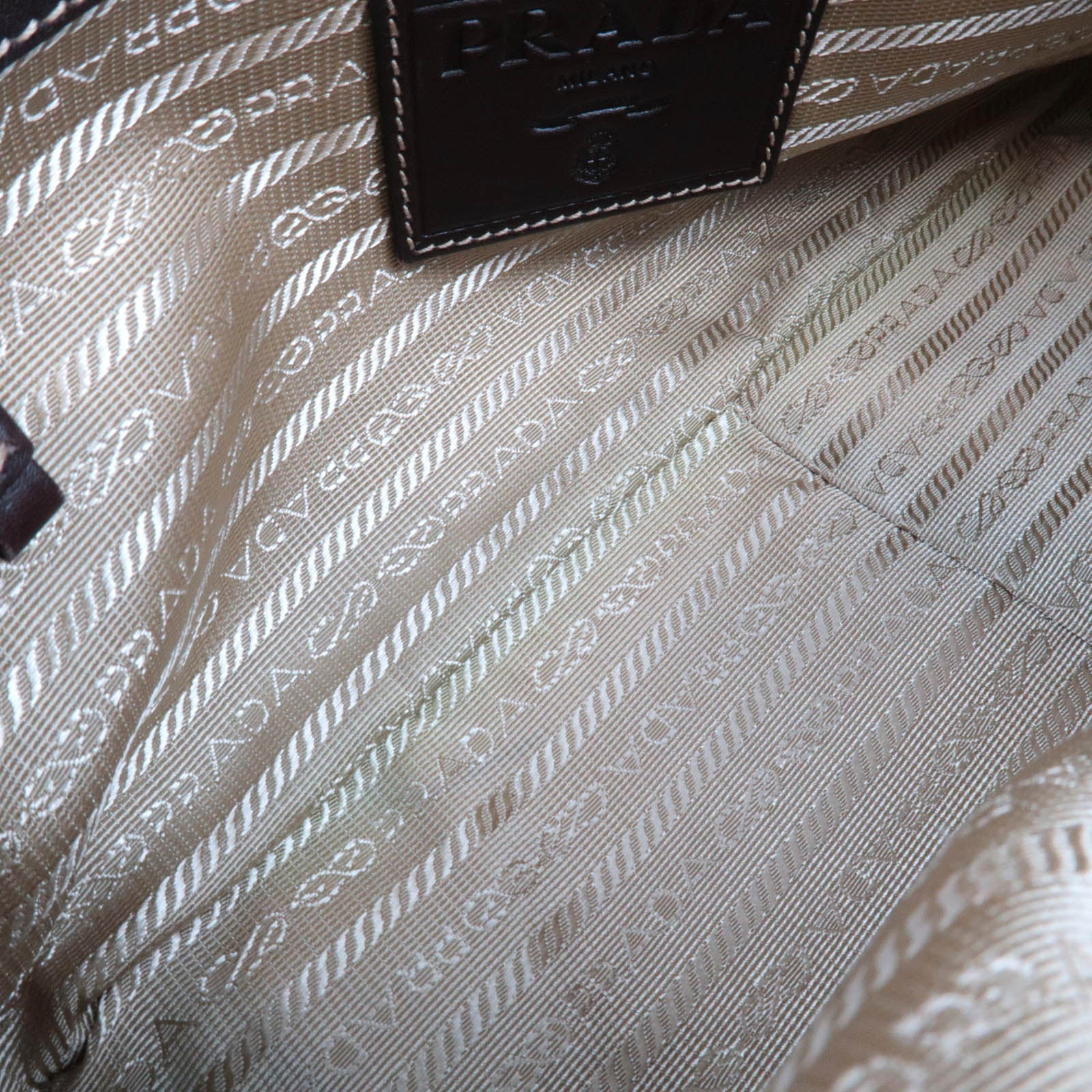 PRADA Logo Jacquard Leather Shoulder Bag Beige