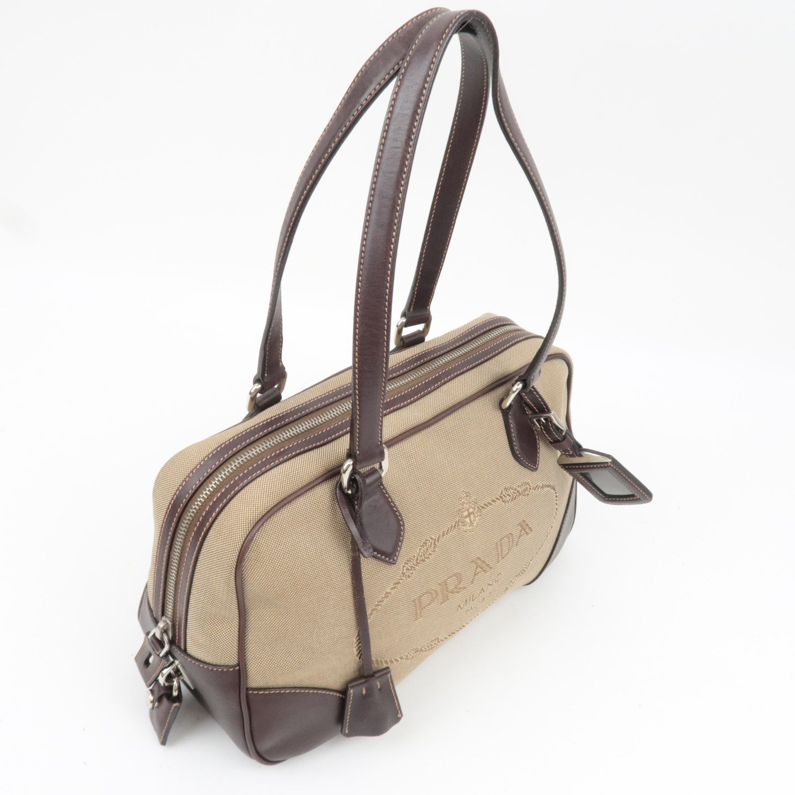 PRADA Logo Jacquard Leather Shoulder Bag Beige