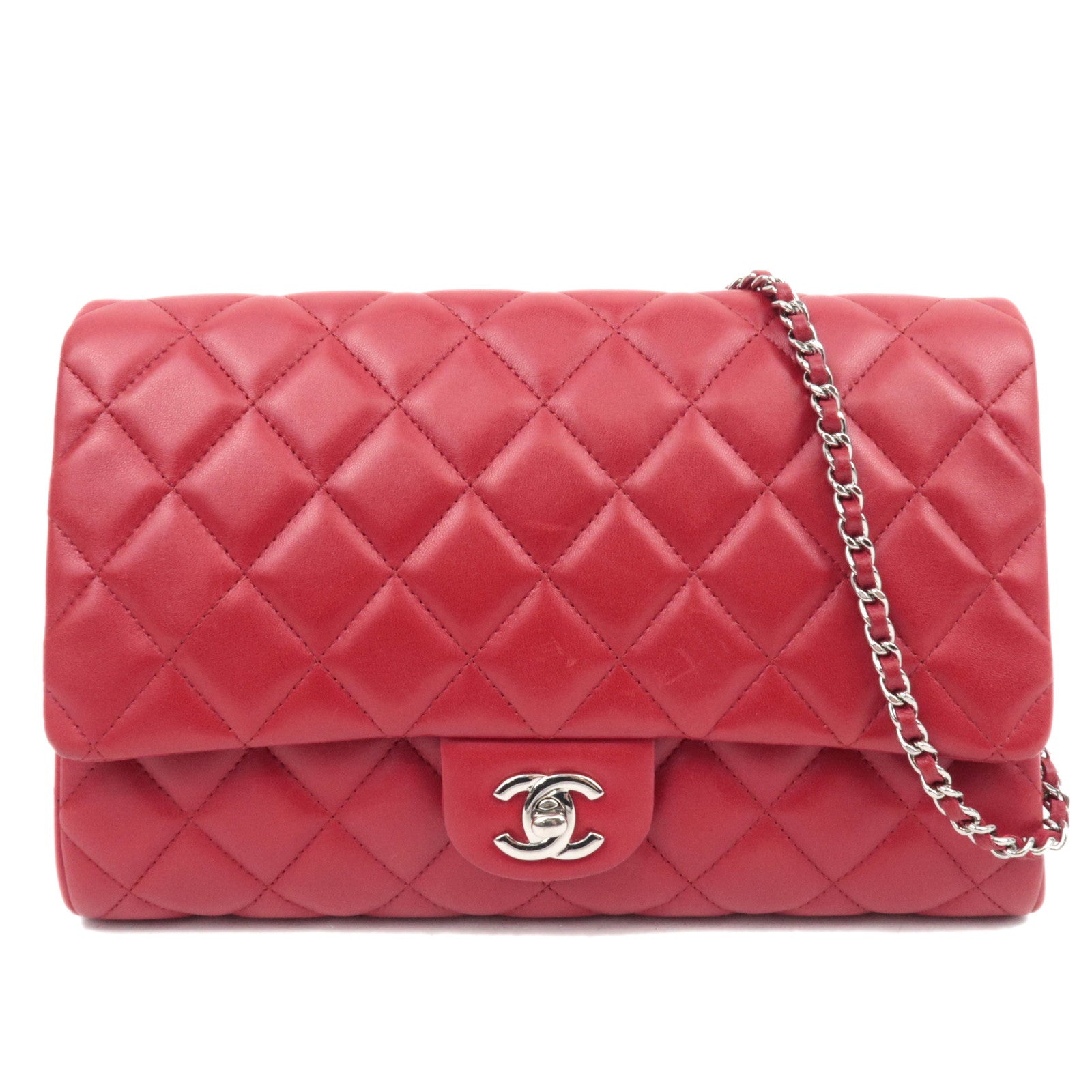 CHANEL Matelasse Chain Shoulder Bag Lambskin Red 1754328886355