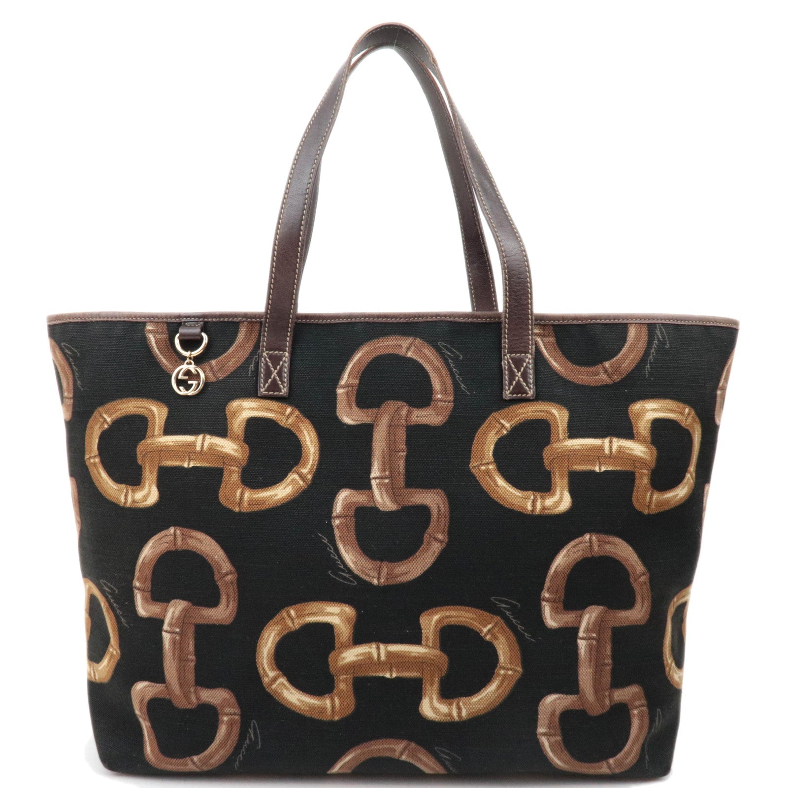 GUCCI Horsebit Print Tote Bag Canvas Leather Black Brown 15440286477
