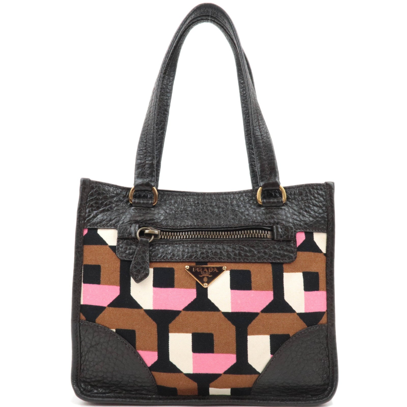 PRADA Geometric Print Tote Bag Canvas Leather Brown86479