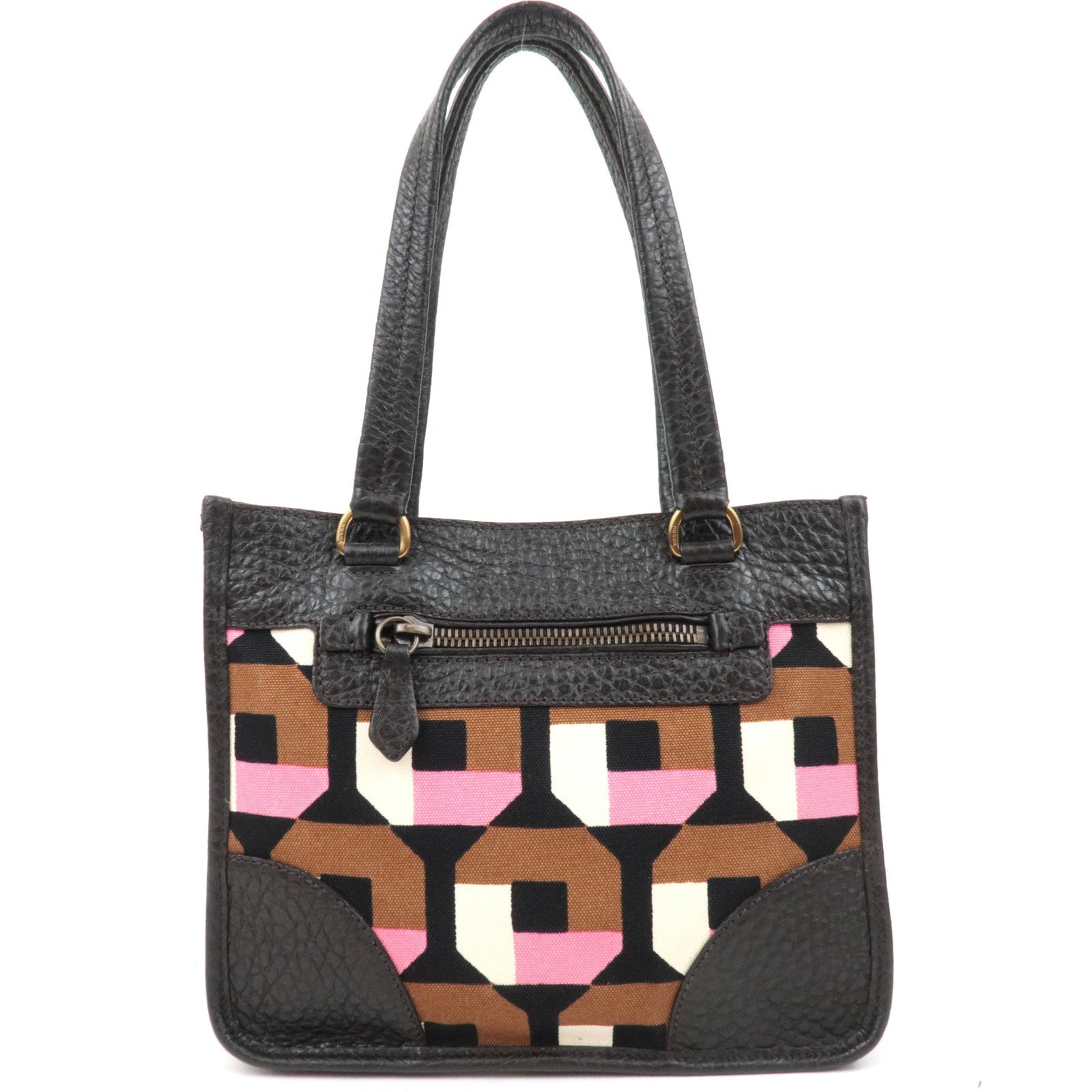 PRADA Geometric Print Tote Bag Canvas Leather Brown