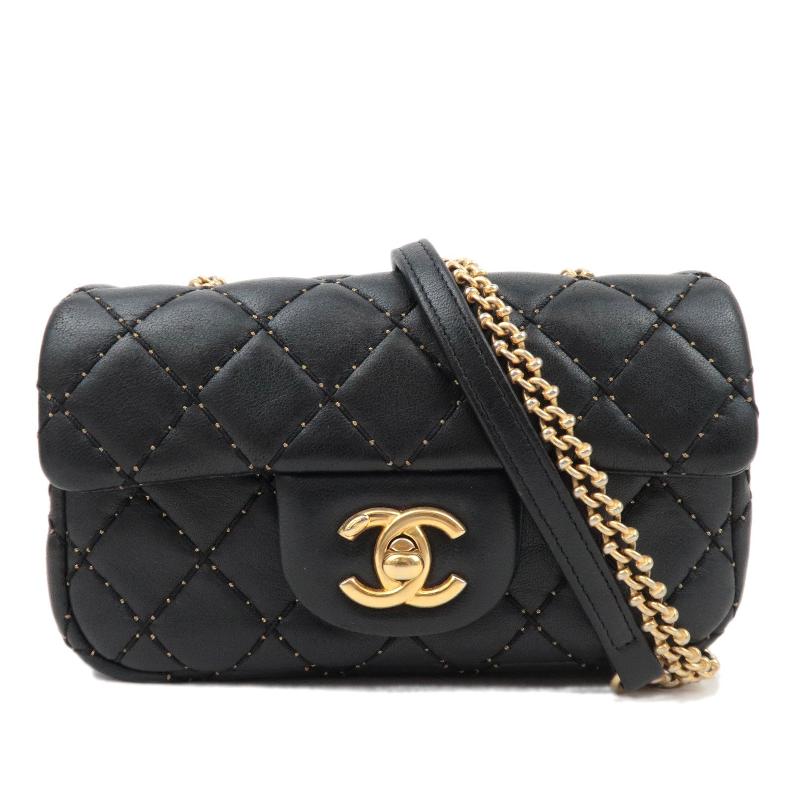 CHANEL Mini Matelasse Chain Shoulder Bag Lambskin Black 2119832786541