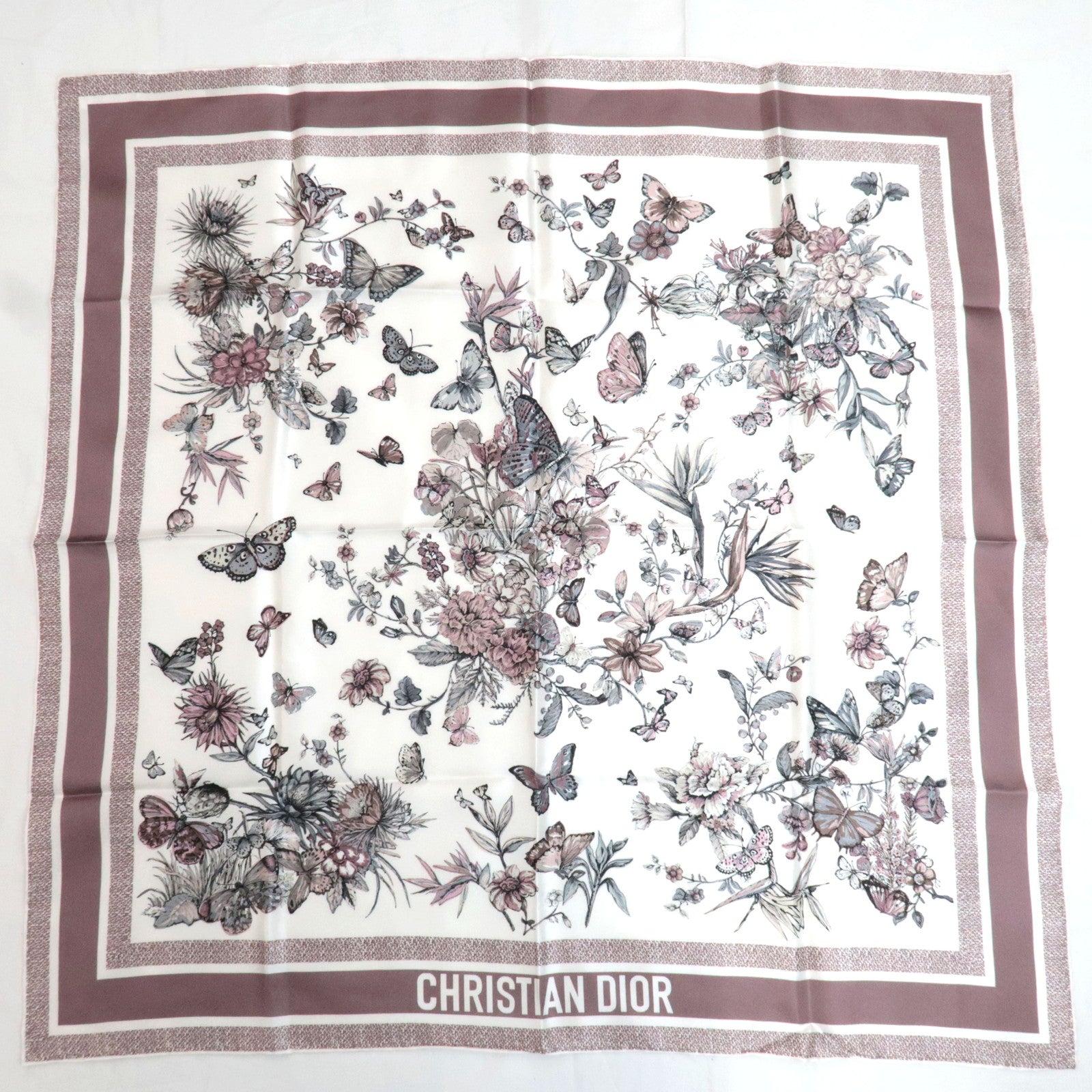 Christian Dior Scarf Butterfly Print 100% Silk White Pink86560