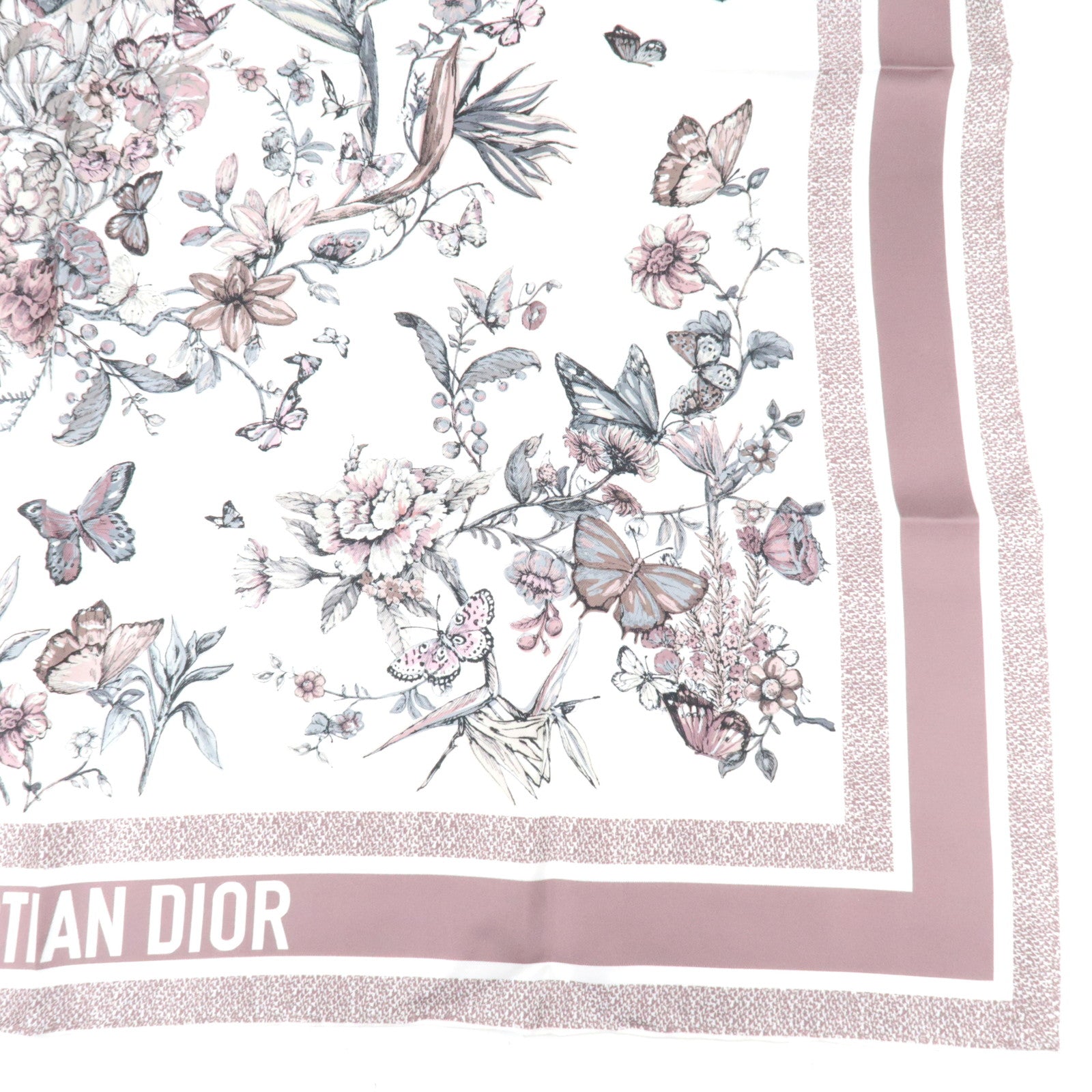 Christian Dior Scarf Butterfly Print 100% Silk White Pink