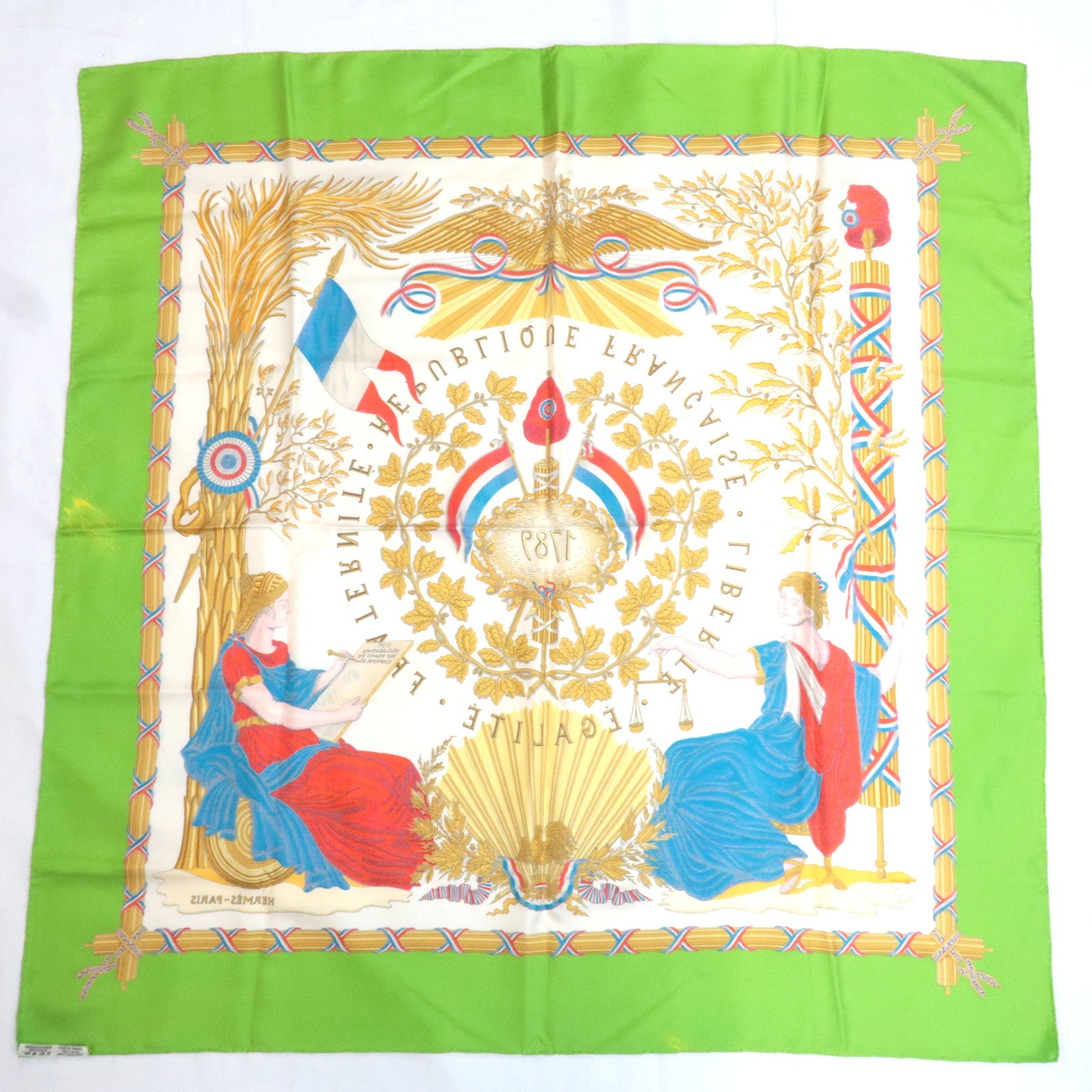 Hermes Carre 90 Scarf LIBERTE EGALITE FRATERNITE REPUBLIQUE FRANCAISE 1789 100% Silk Green