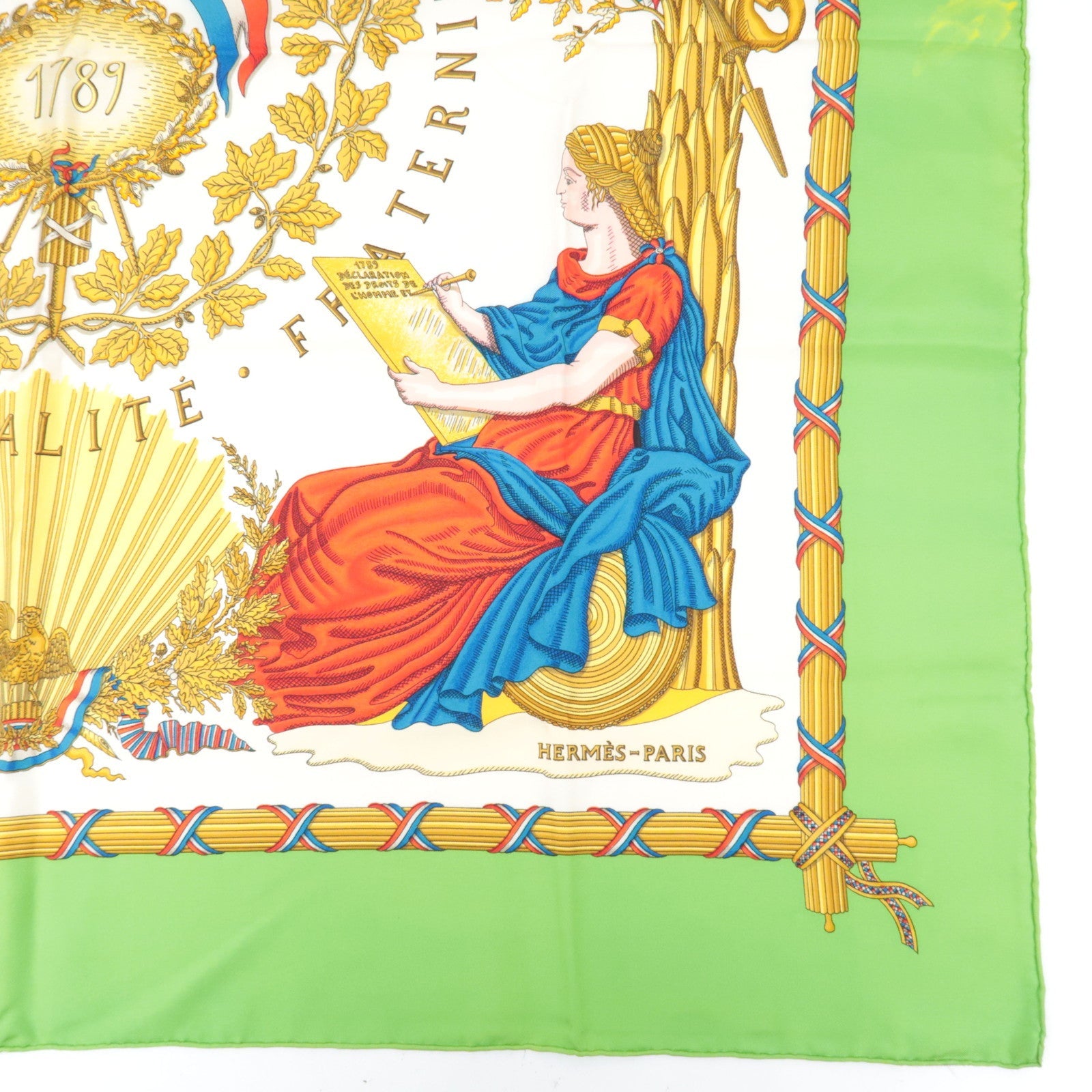 Hermes Carre 90 Scarf LIBERTE EGALITE FRATERNITE REPUBLIQUE FRANCAISE 1789 100% Silk Green