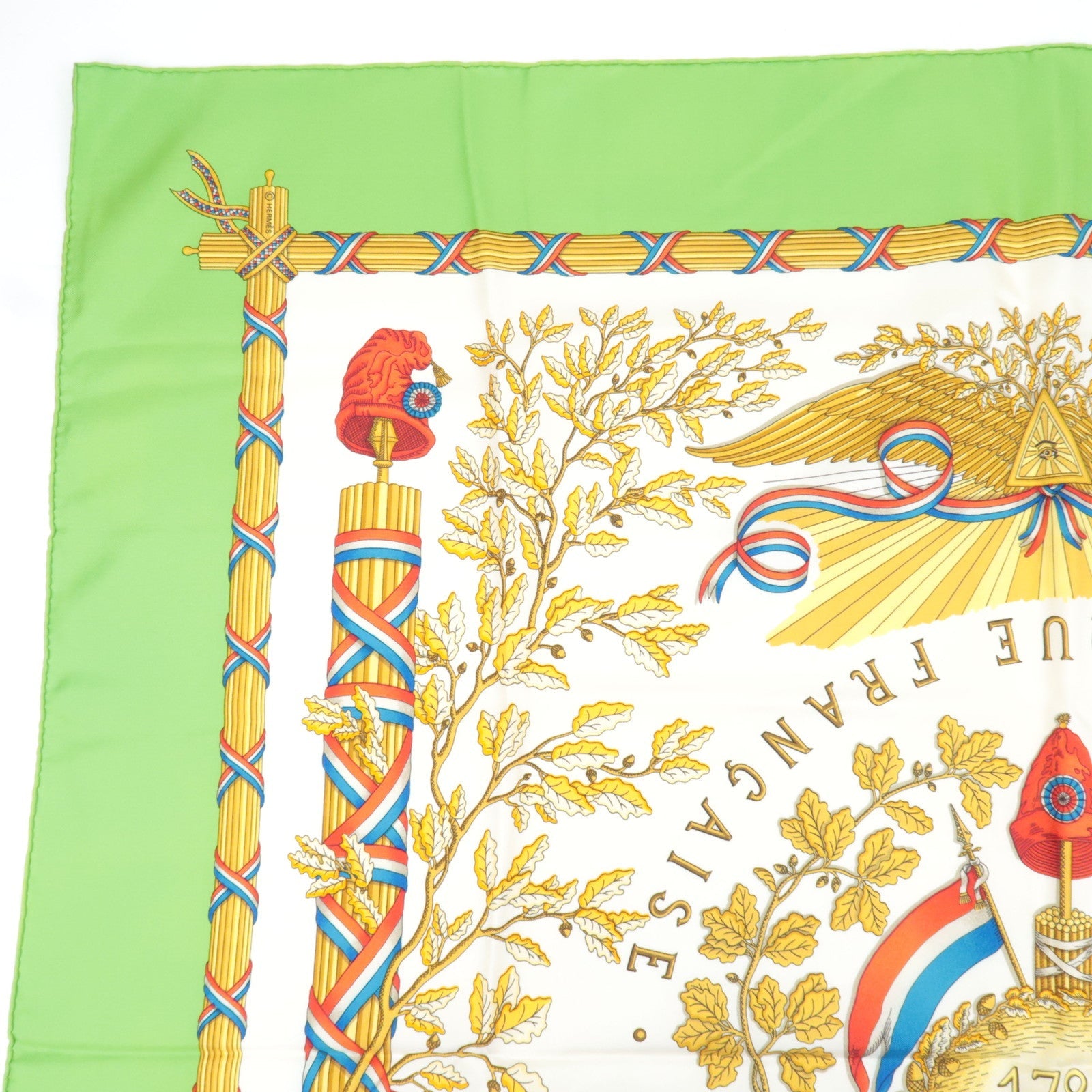 Hermes Carre 90 Scarf LIBERTE EGALITE FRATERNITE REPUBLIQUE FRANCAISE 1789 100% Silk Green