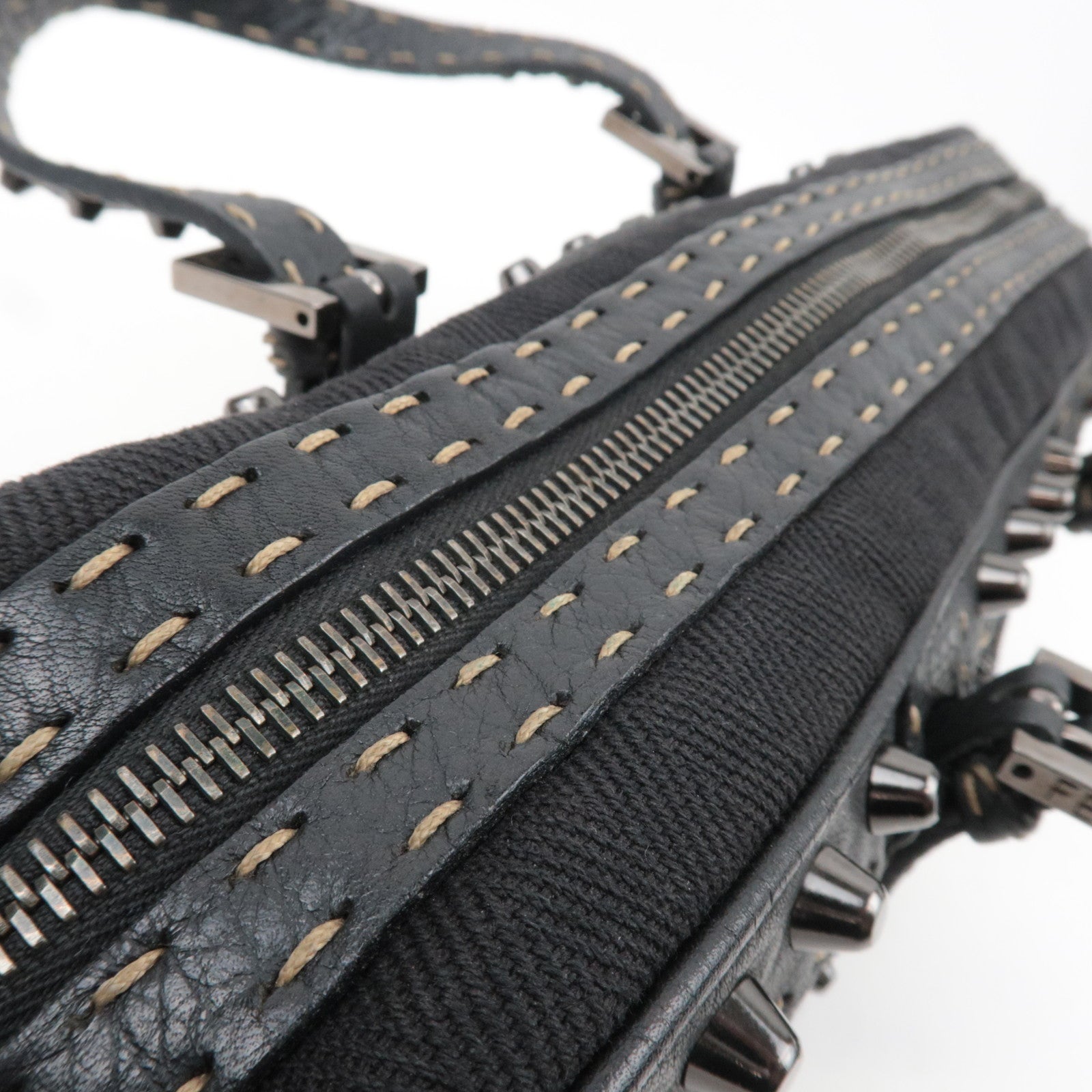 FENDI Selleria Canvas Leather East West Handbag Black 8BL006