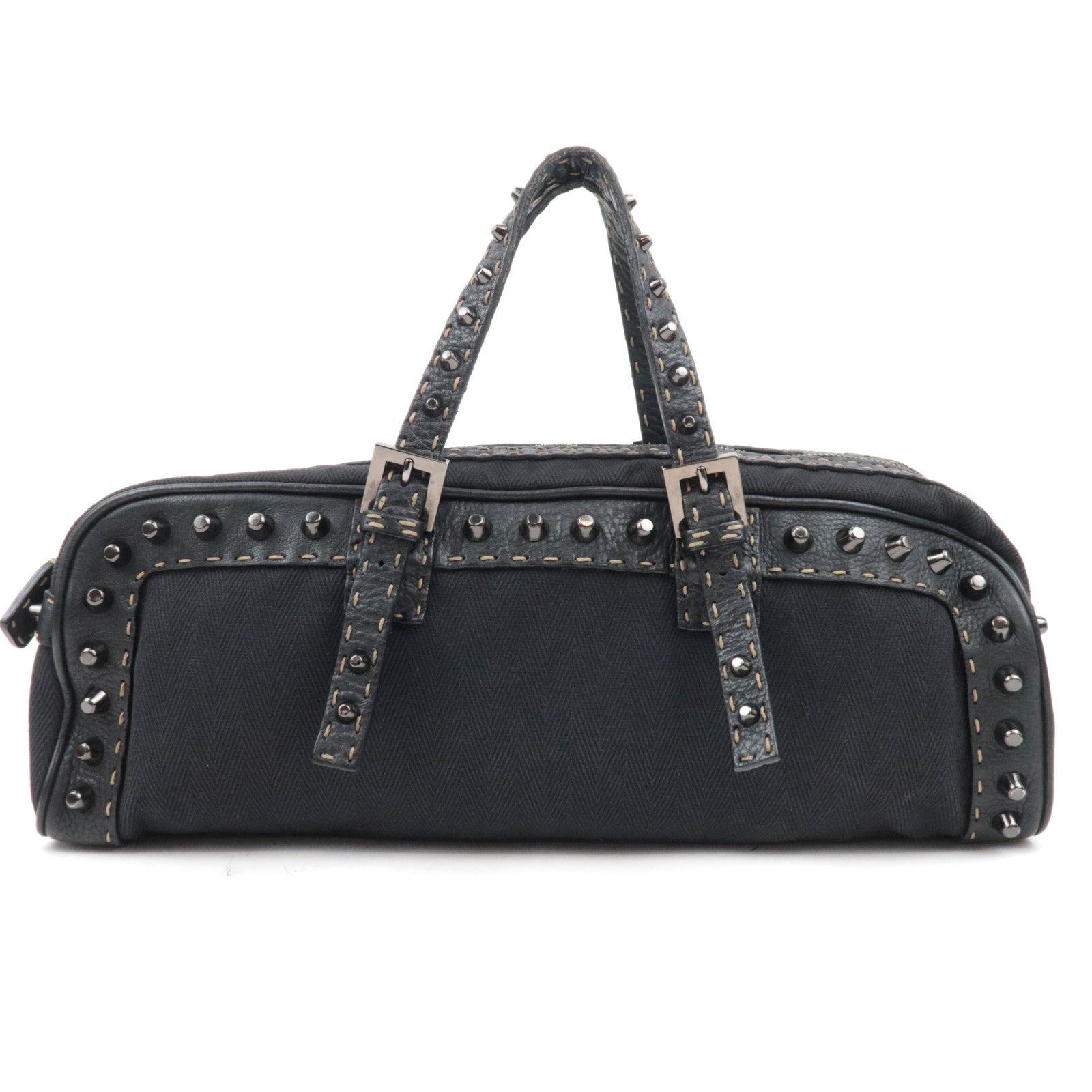 FENDI Selleria Canvas Leather East West Handbag Black 8BL00686602