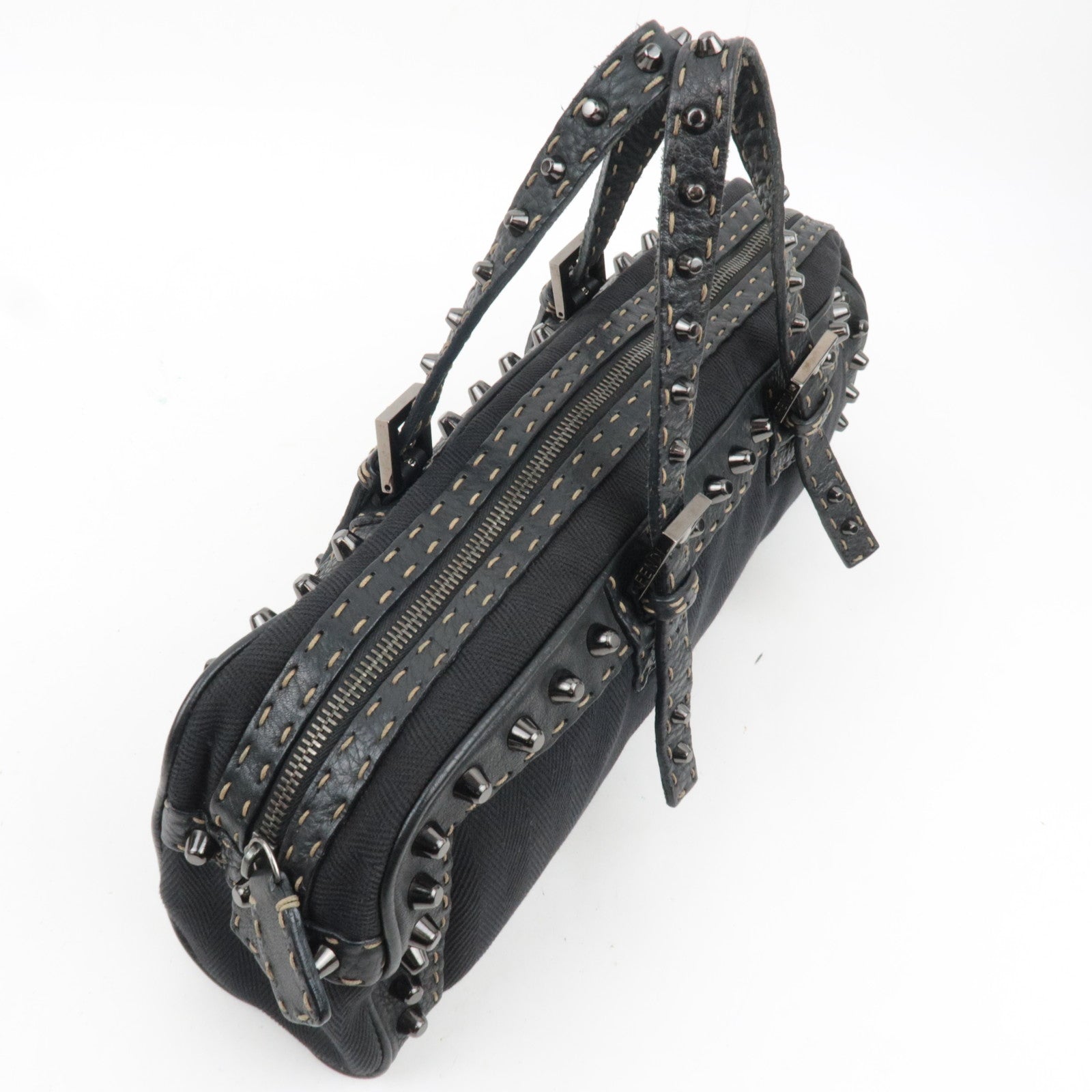 FENDI Selleria Canvas Leather East West Handbag Black 8BL006