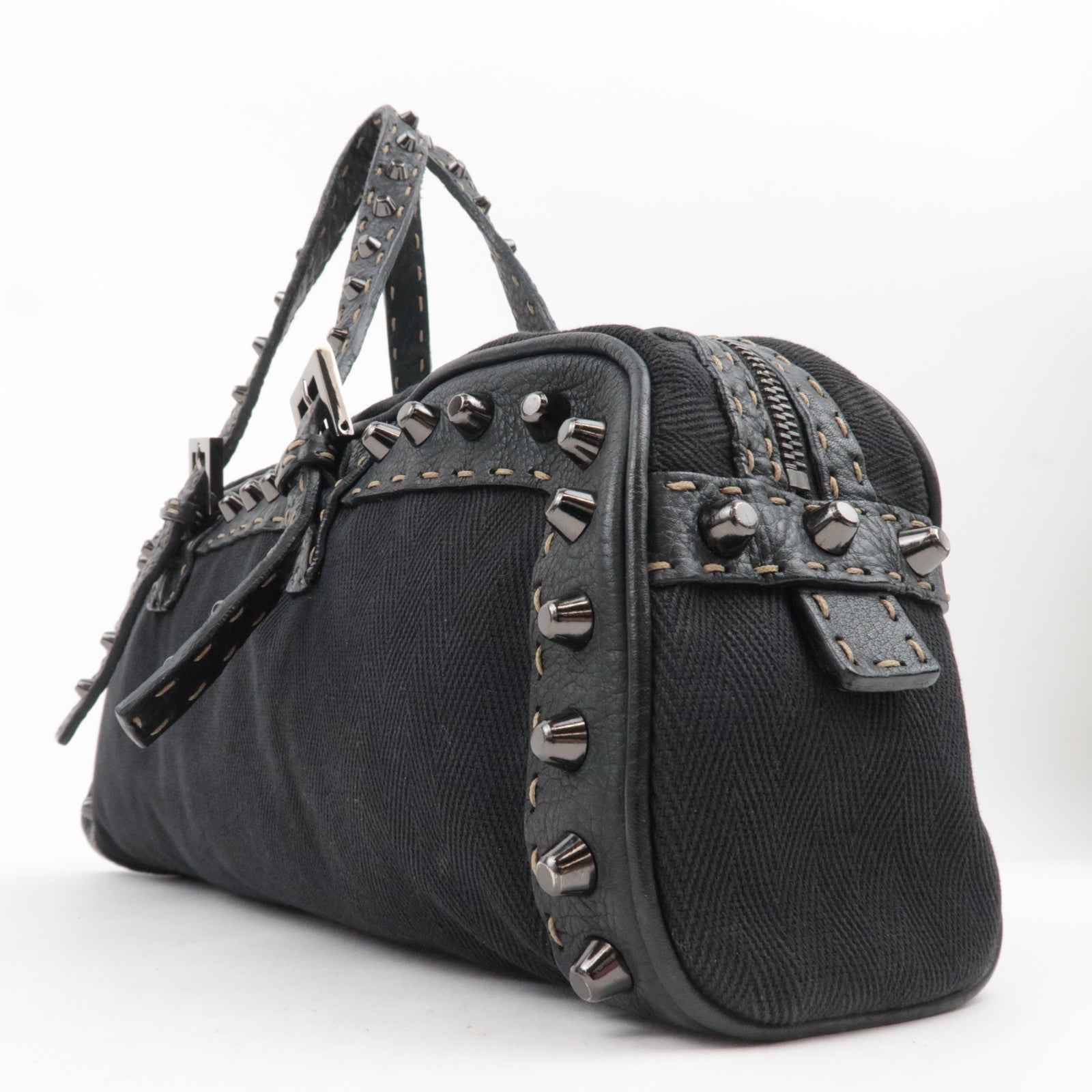 FENDI Selleria Canvas Leather East West Handbag Black 8BL006