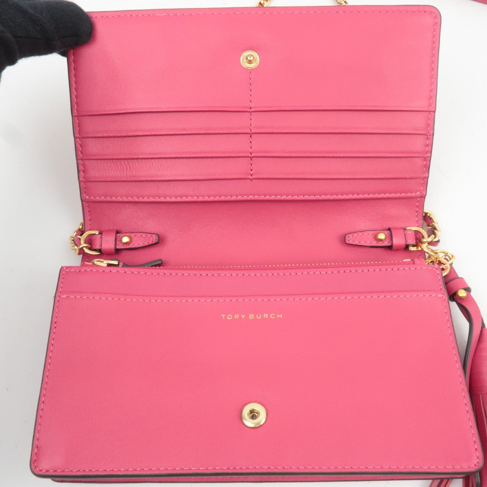 TORY BURCH Fleming Quilted Leather Chain Wallet Purse WOC Pink