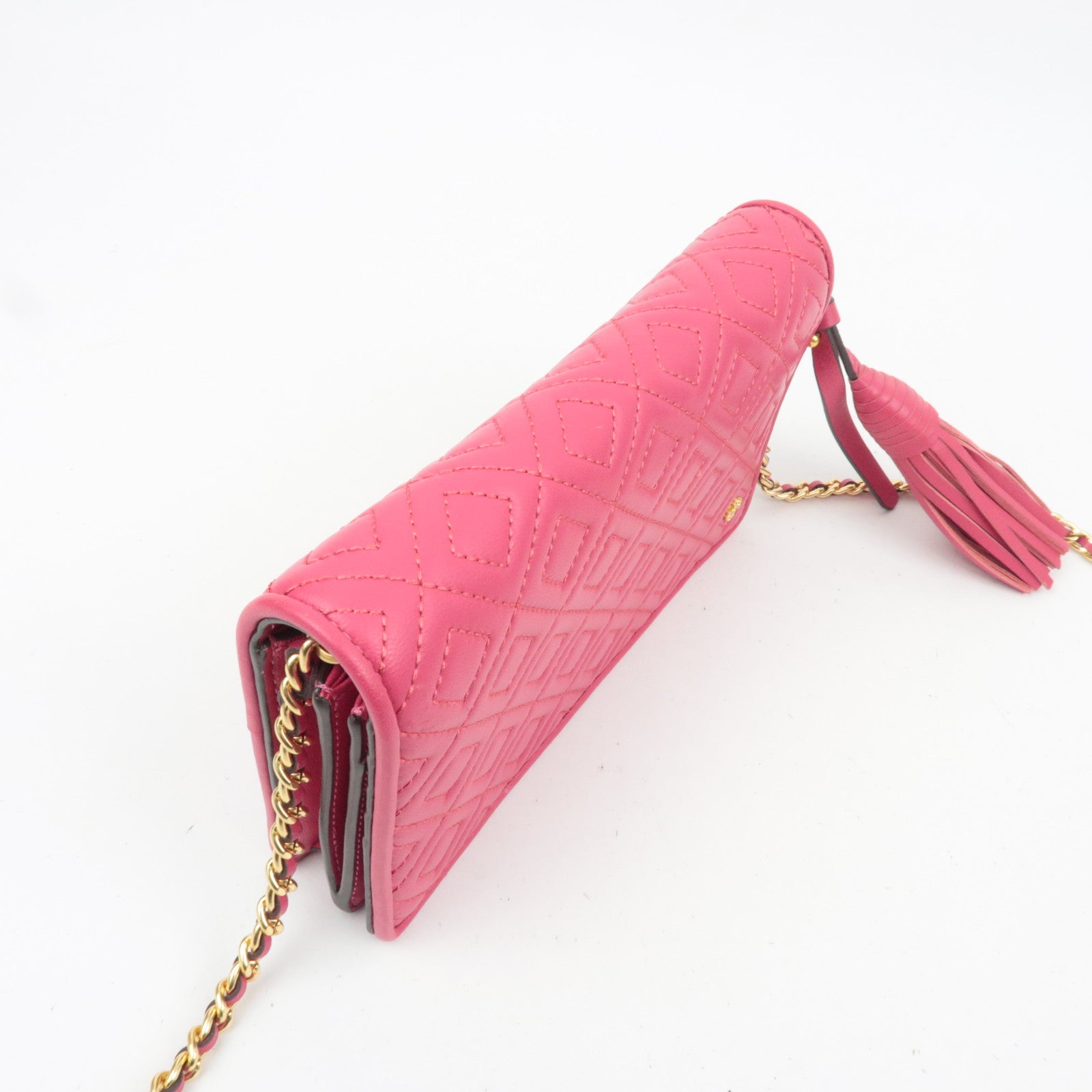 TORY BURCH Fleming Quilted Leather Chain Wallet Purse WOC Pink