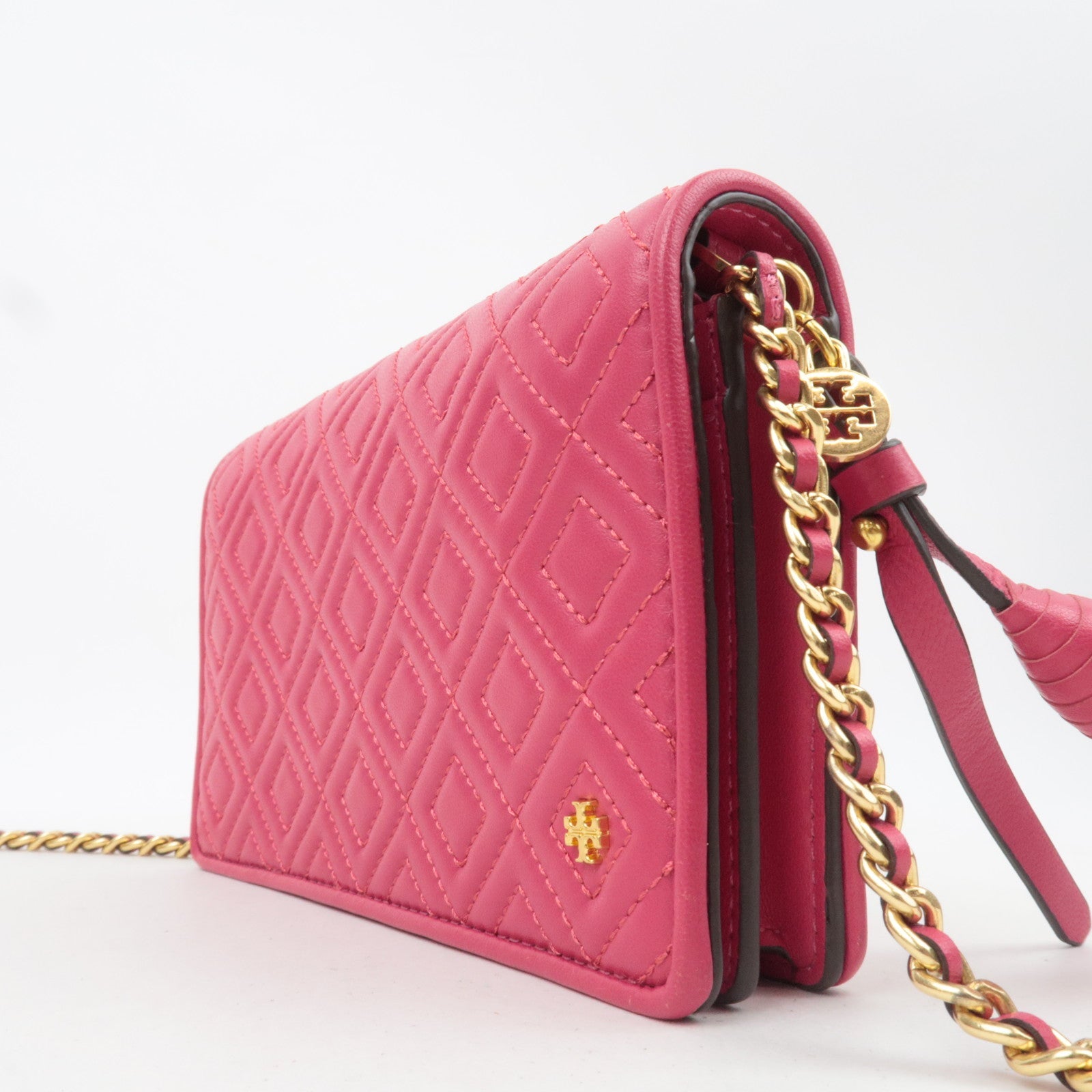 TORY BURCH Fleming Quilted Leather Chain Wallet Purse WOC Pink