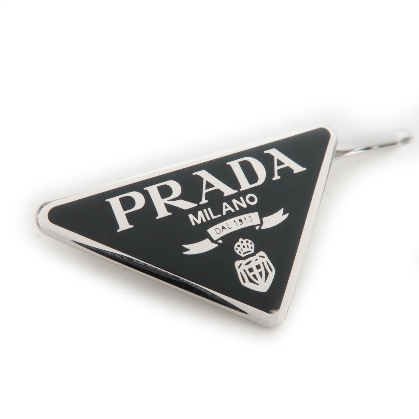 PRADA Triangle Logo Metal Hair Clip Silver Black
