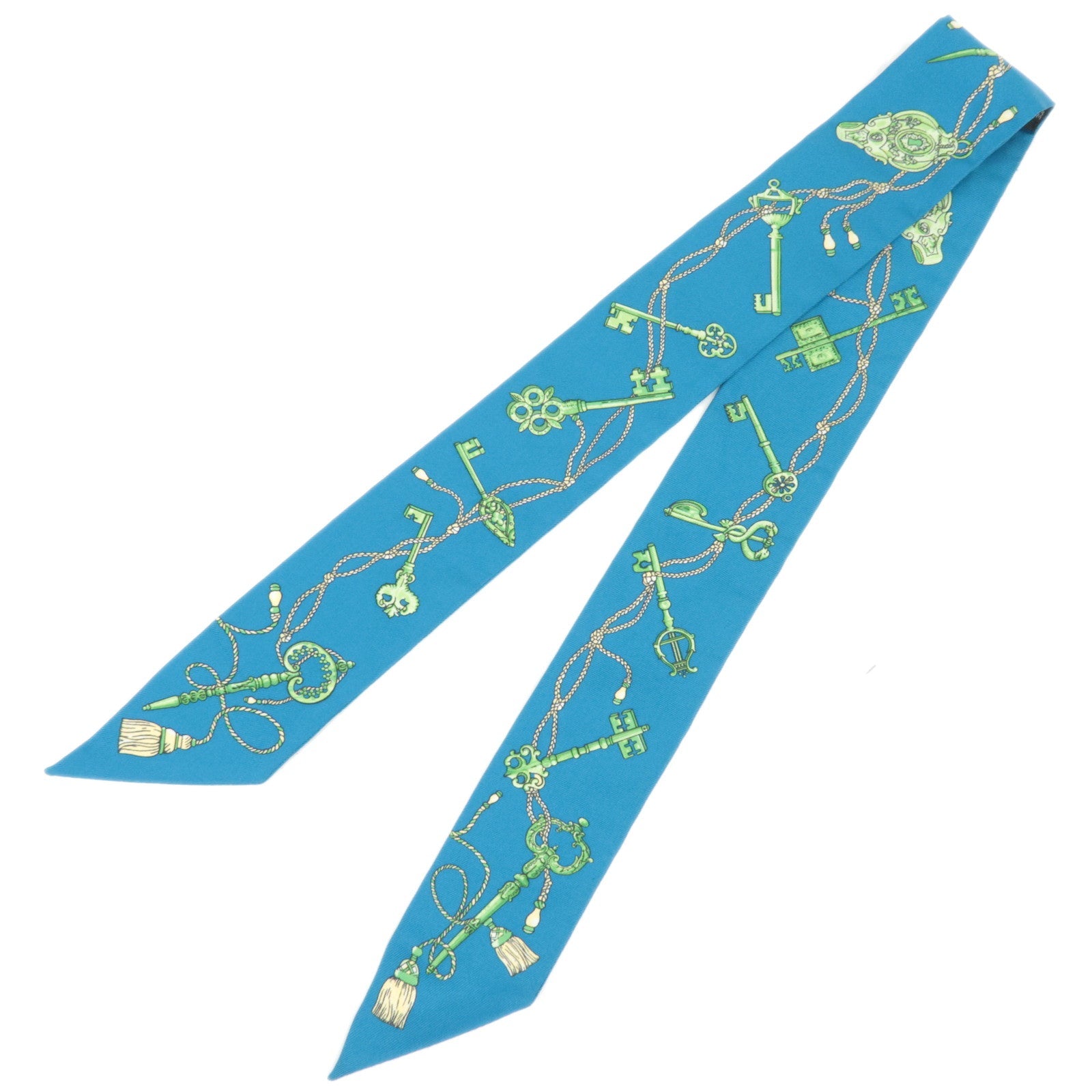 HERMES Twilly Scarf LES CLES 100% Silk Blue86645