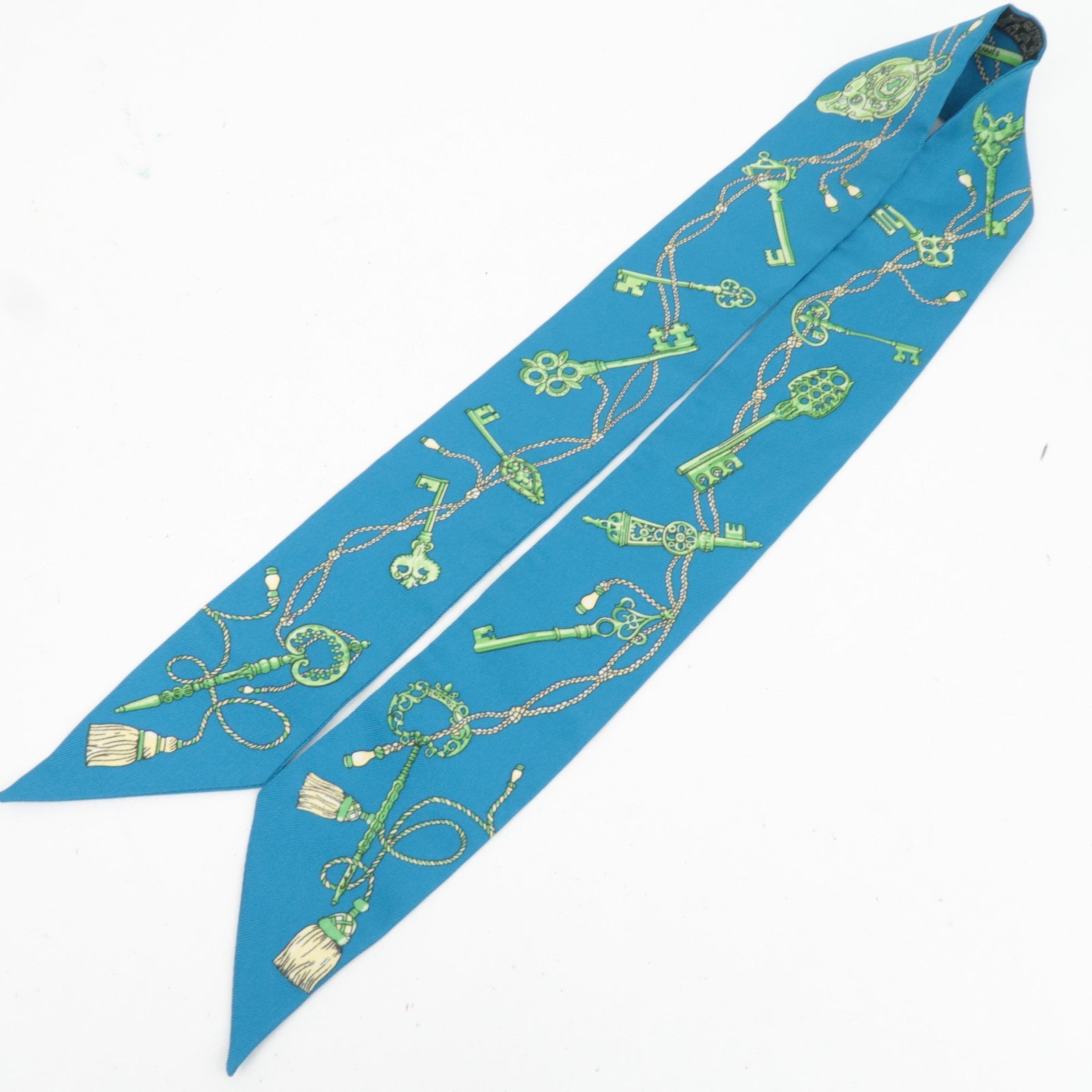 HERMES Twilly Scarf LES CLES 100% Silk Blue