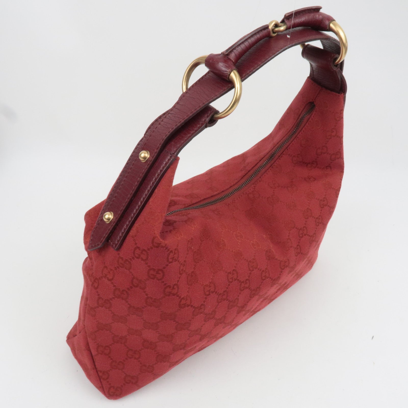 GUCCI Horsebit GG Canvas Shoulder Bag Red 115867