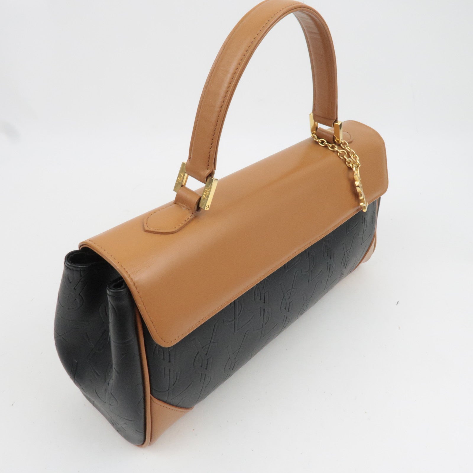 SAINT LAURENT YSL Logo Leather Handbag Black Brown